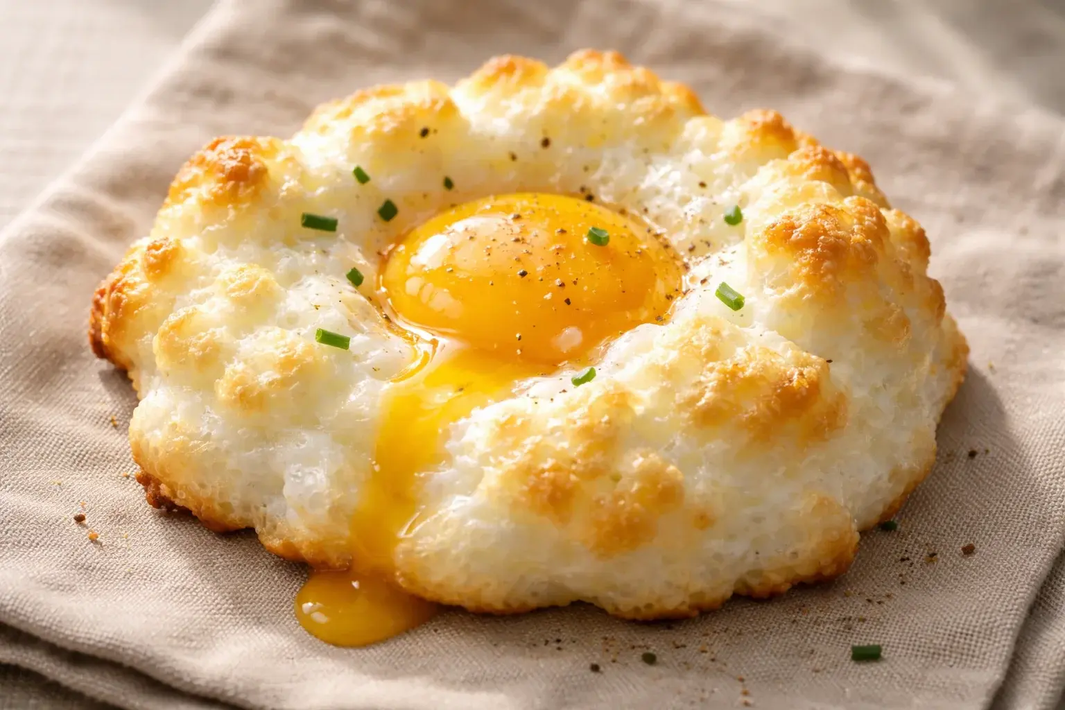 Gros plan sur un œuf nuage au four avec le jaune coulant qui déborde légèrement du blanc en neige doré et croustillant