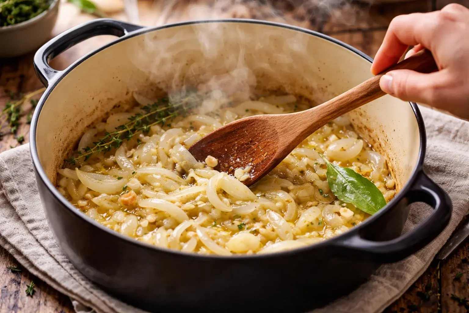 Oignon émincé et ail en train de revenir dans une cocotte en fonte avec huile d'olive, spatule en bois