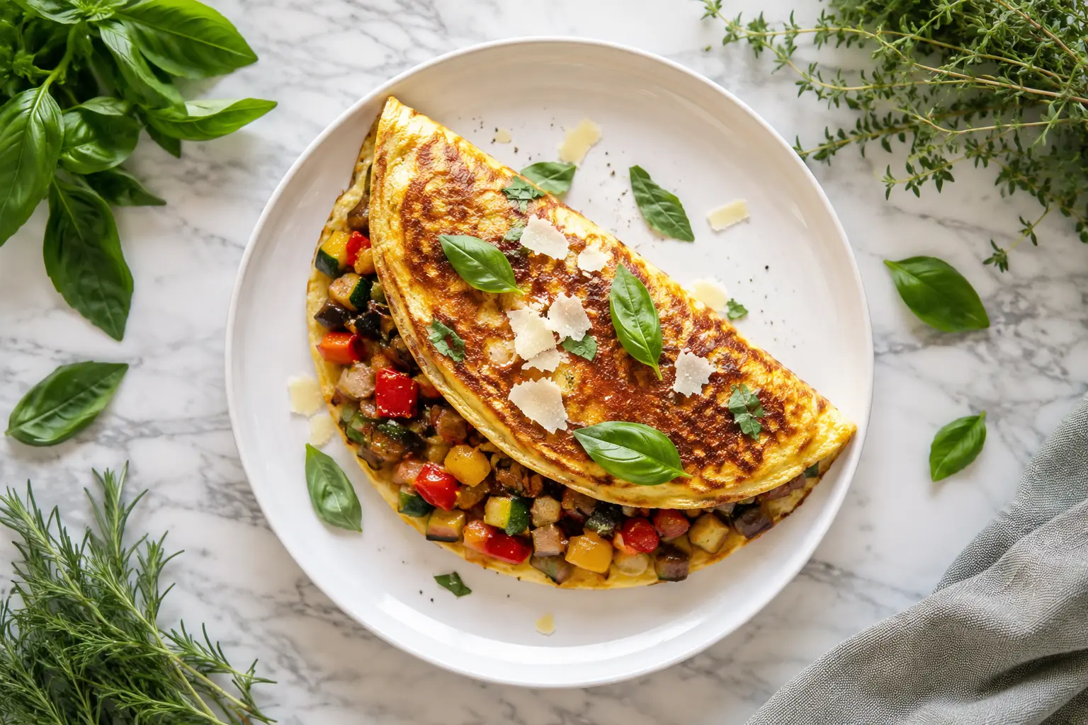 Part d'omelette ratatouille protéinée dans une assiette avec herbes fraîches