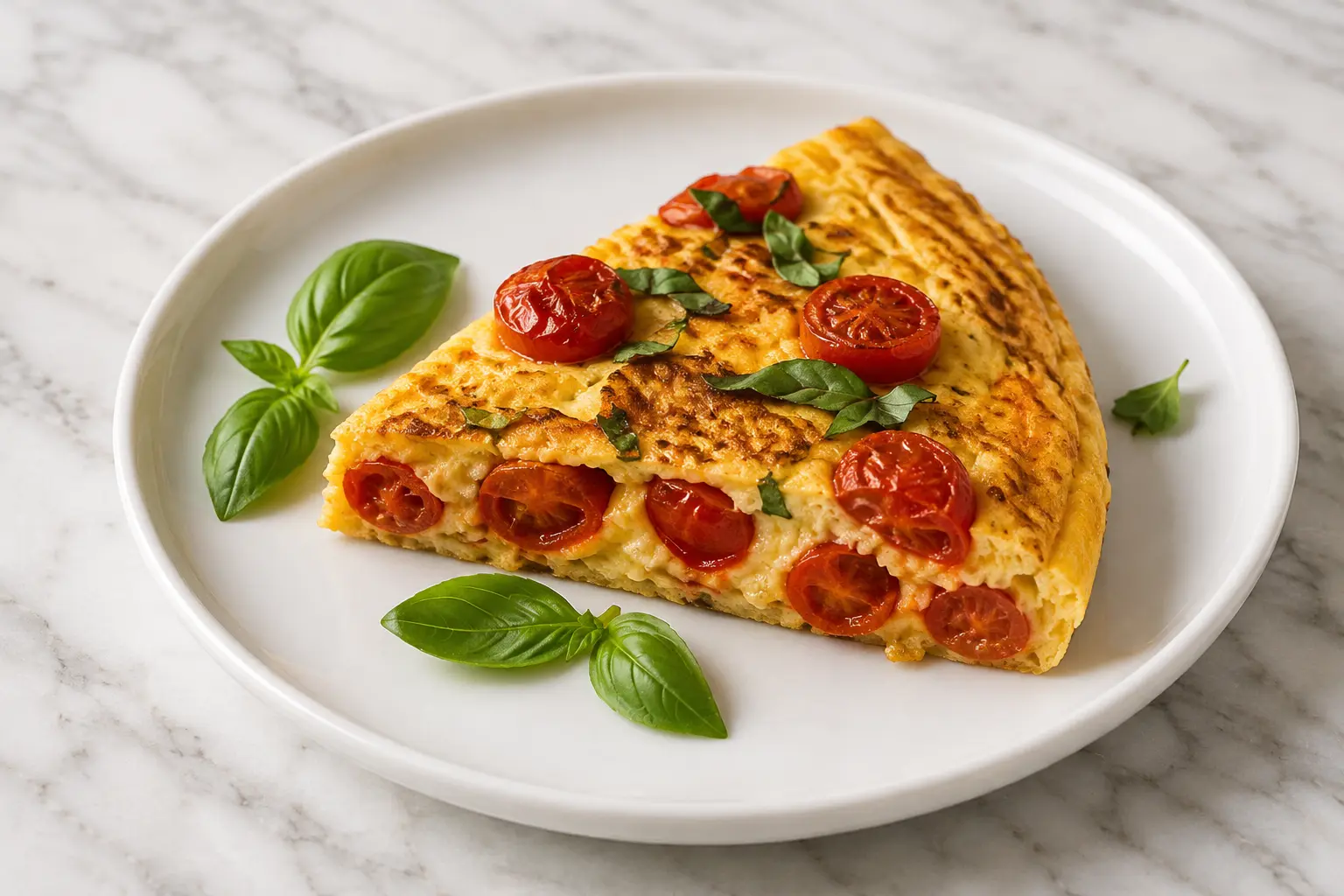 Part d'omelette aux tomates cerises dans une assiette blanche vue de dessus