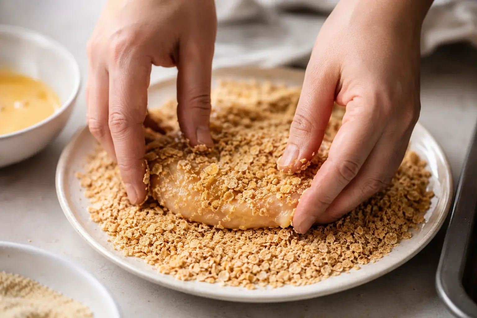 Mains qui pressent un blanc de poulet dans une assiette de chapelure d'avoine dorée pour bien l'enrober
