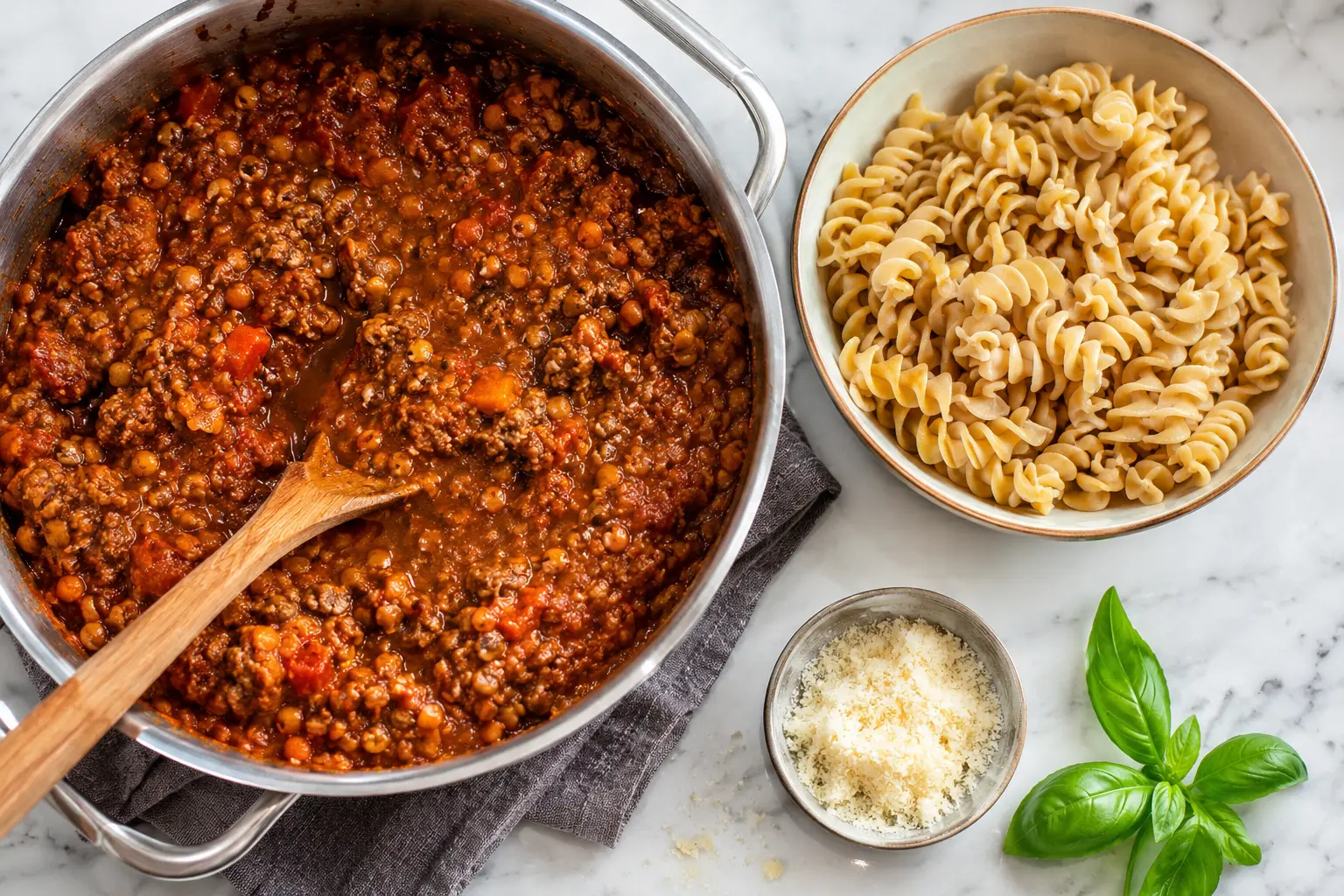 Gros plan sur la sauce bolognaise protéinée aux lentilles corail et bœuf haché maigre