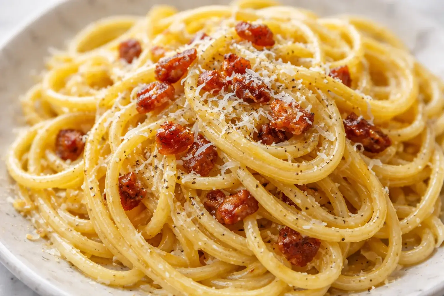 Gros plan sur les spaghetti enrobés de sauce carbonara crémeuse aux œufs avec morceaux de pancetta dorés et pecorino râpé