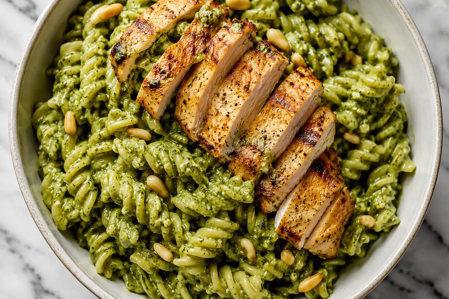 Pâtes au pesto et poulet grillé servies dans un plat creux, vue rapprochée sur la texture du pesto et les morceaux de poulet