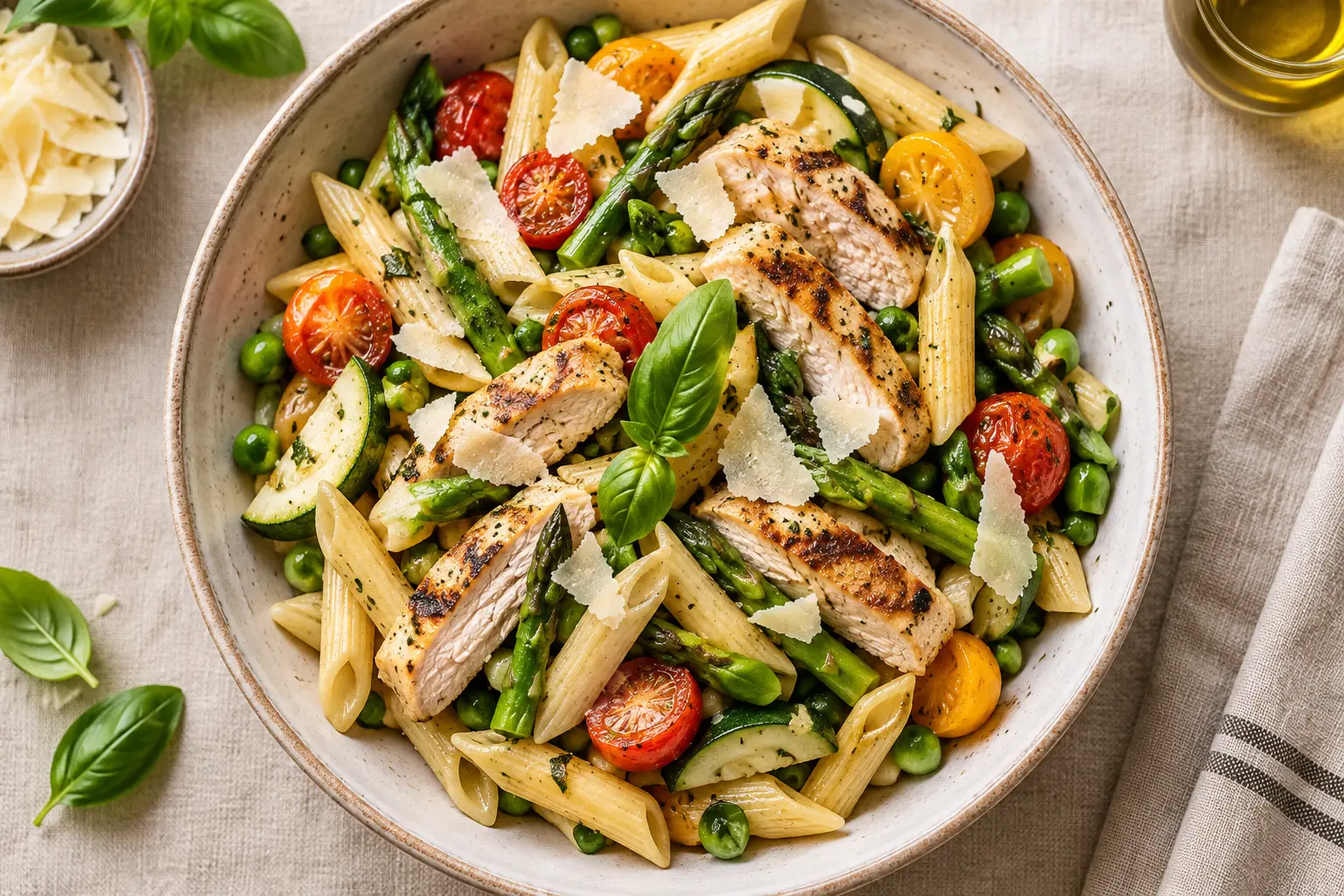 Pâtes primavera légères servies dans un plat creux avec légumes colorés et copeaux de parmesan