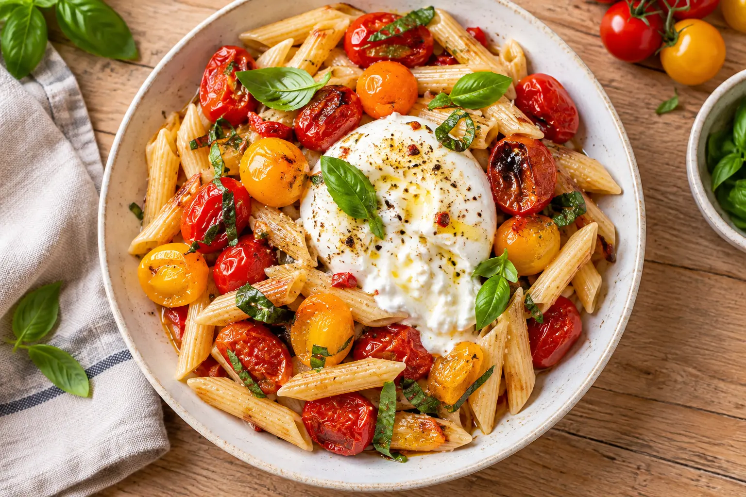 Pâtes protéinées aux tomates cerises éclatées et burrata light vue de dessus