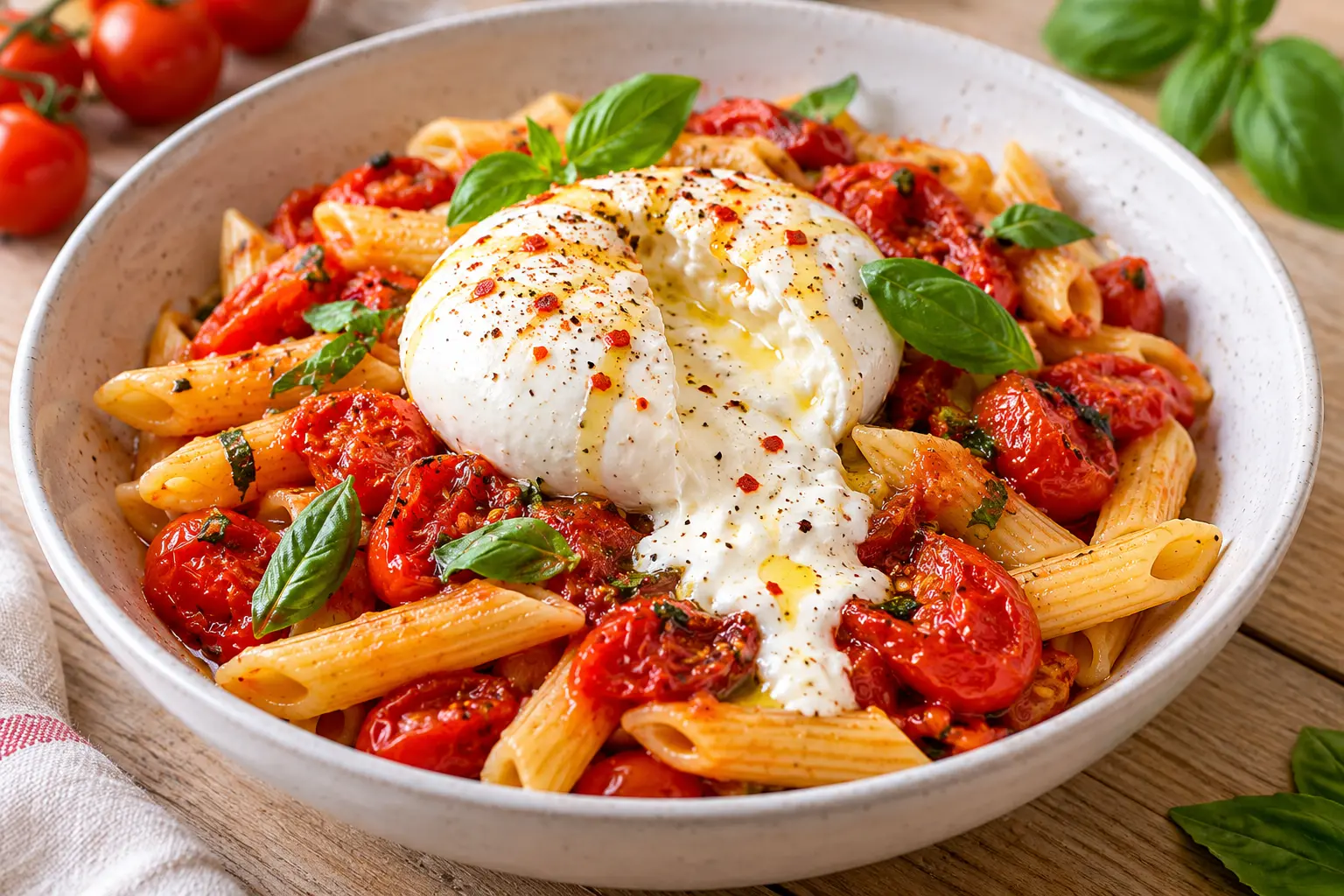 Pâtes tomates cerises et burrata light