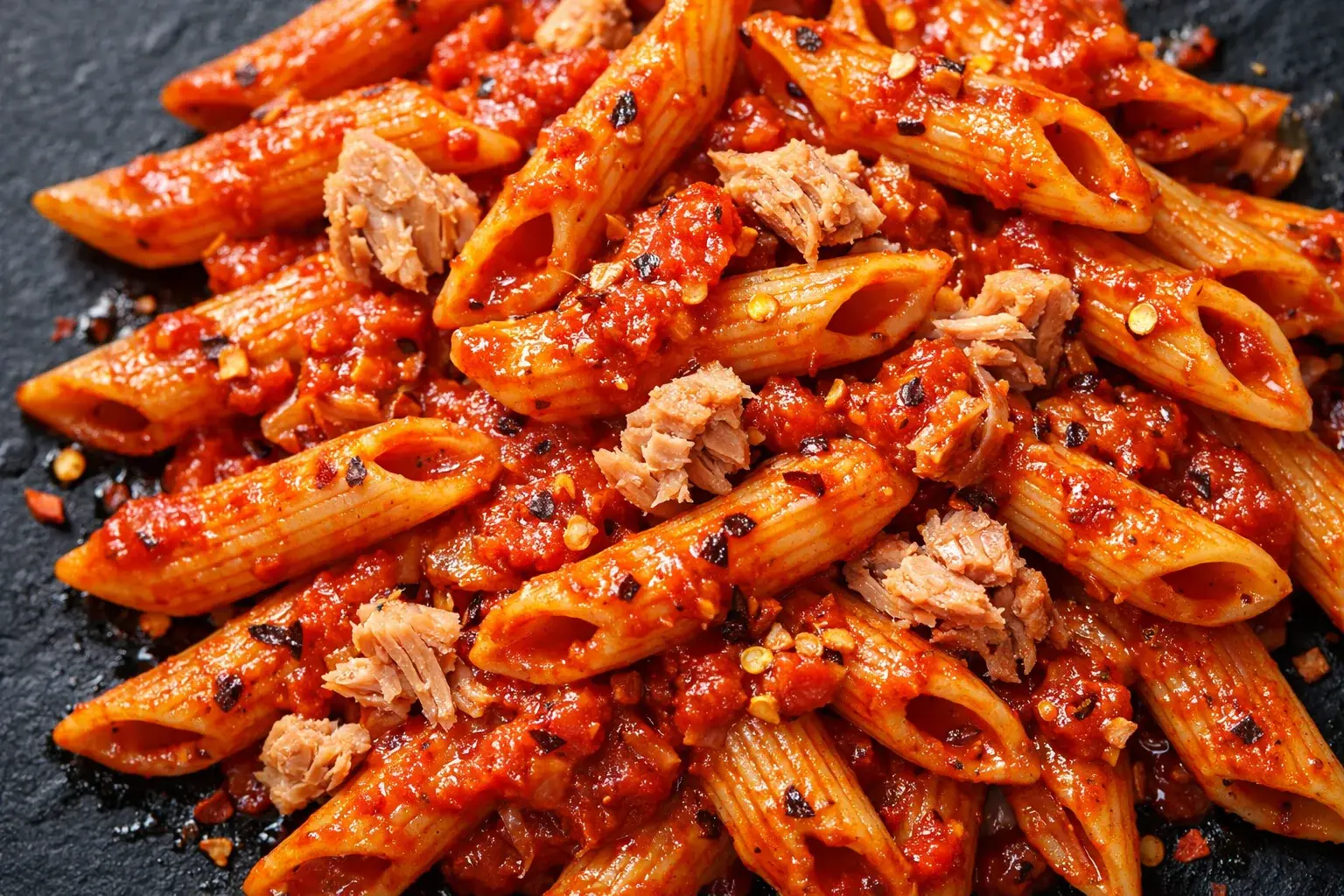Gros plan sur les penne enrobées de sauce arrabiata rouge vif avec morceaux de thon et flocons de piment séché