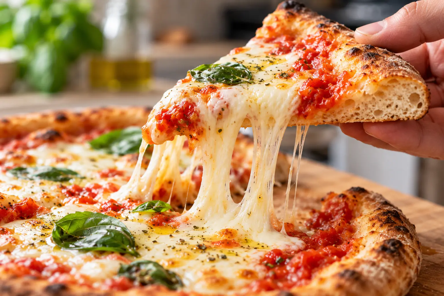 Part de pizza margherita au yaourt grec montrant la pâte croustillante et la garniture filante