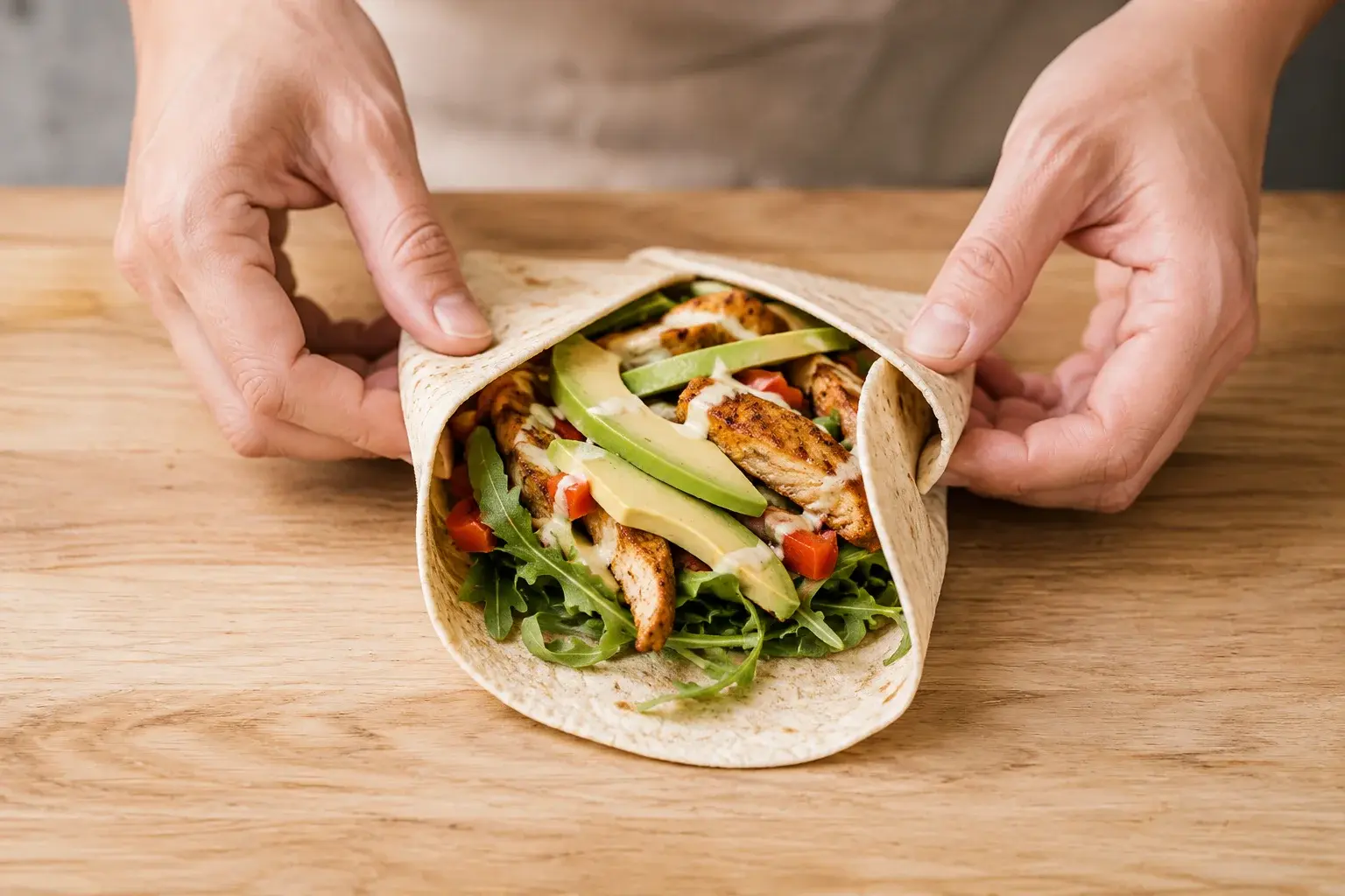 Mains en train de replier une tortilla garnie pour former un wrap serré