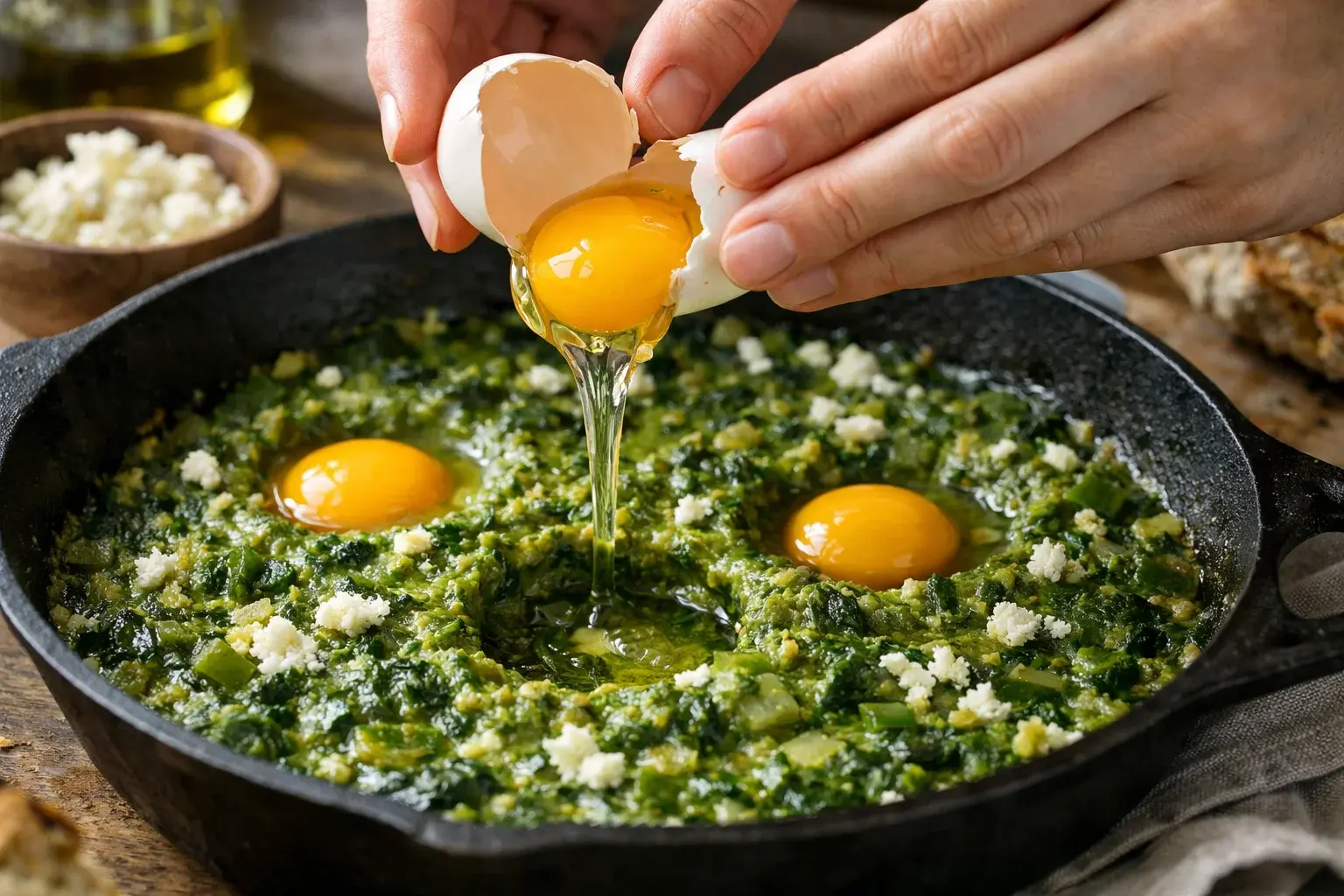 Main cassant délicatement un œuf dans un nid creusé dans la sauce verte du shakshuka, jaune entier visible au centre