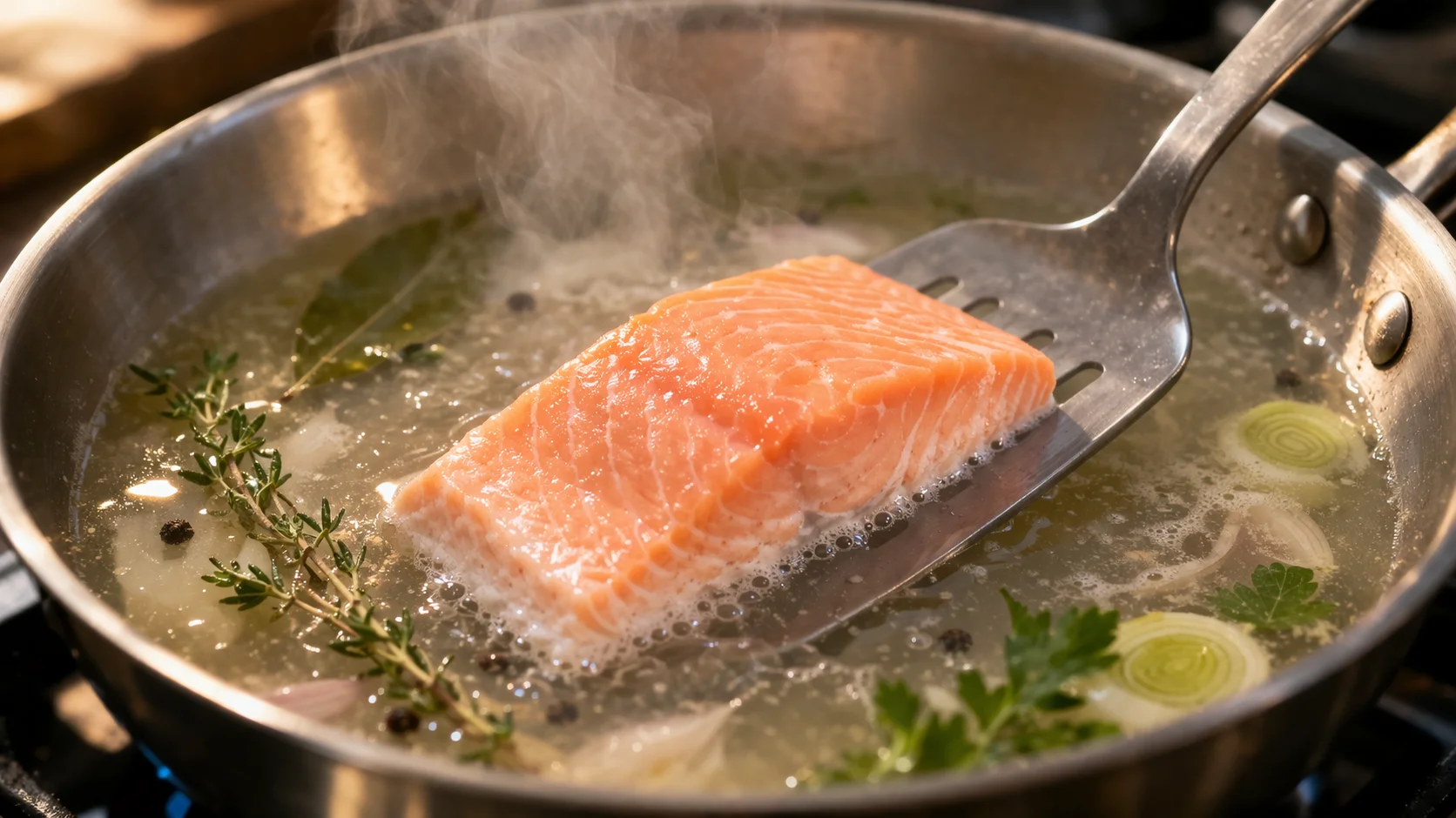 Pavés de saumon pochant délicatement dans le court-bouillon frémissant, chair rose nacrée visible, vapeur légère montant de la sauteuse couverte à demi