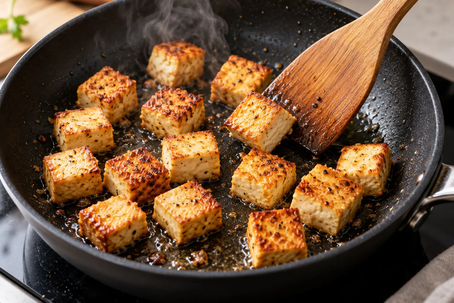 Cubes de tofu en train de dorer dans une poêle antiadhésive avec une spatule