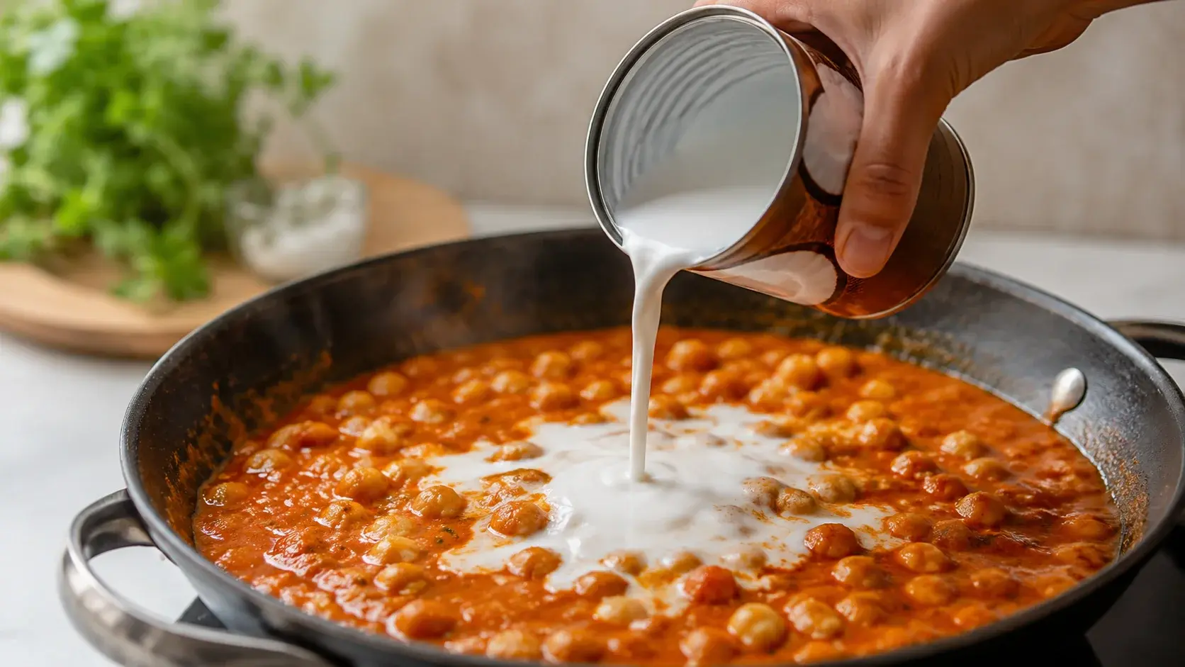 Main versant le lait de coco depuis une boîte dans la sauteuse contenant les pois chiches et le masala de tomates épicé, sauce crémeuse en formation