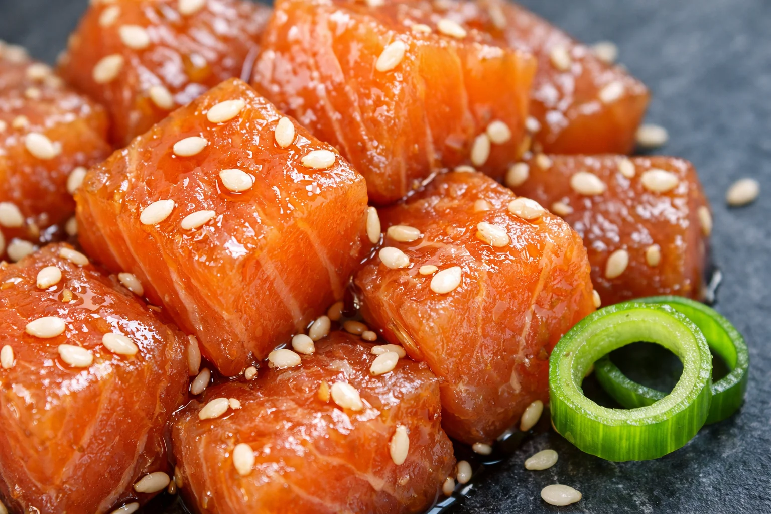 Gros plan sur les cubes de saumon cru marinés brillants du poke bowl avec sauce soja-sésame et graines de sésame en surface