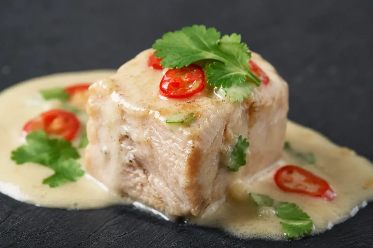 Gros plan sur un cube de porc tendre nappé de sauce coco onctueuse orangée avec piment rouge ciselé et feuilles de coriandre vertes