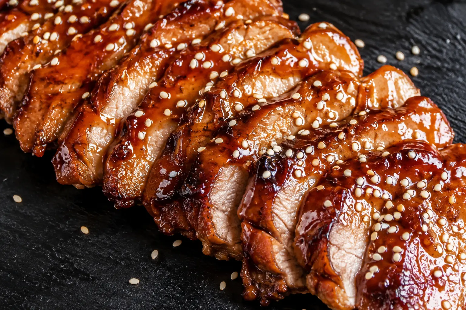 Tranches de filet mignon de porc teriyaki caramélisées vues de près