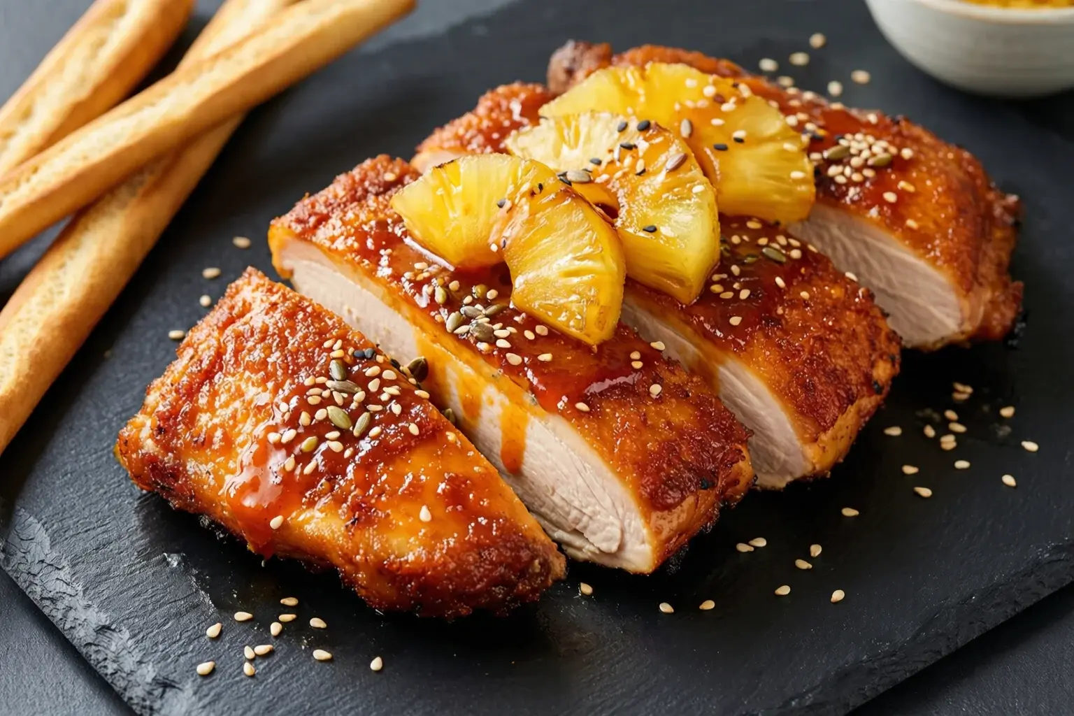Gros plan sur des morceaux de poulet caramélisés à la sauce aigre-douce orangée avec ananas dorés et graines de sésame en surface