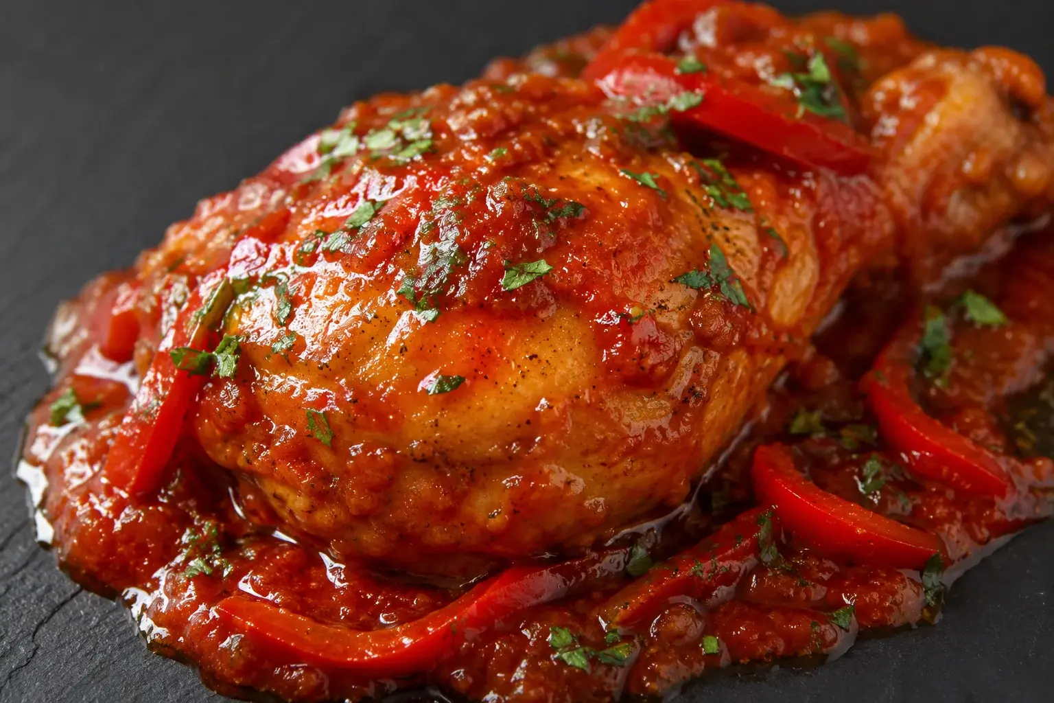 Gros plan sur une cuisse de poulet basquaise nappée de sauce tomate brillante avec lamelles de poivron rouge et persil haché