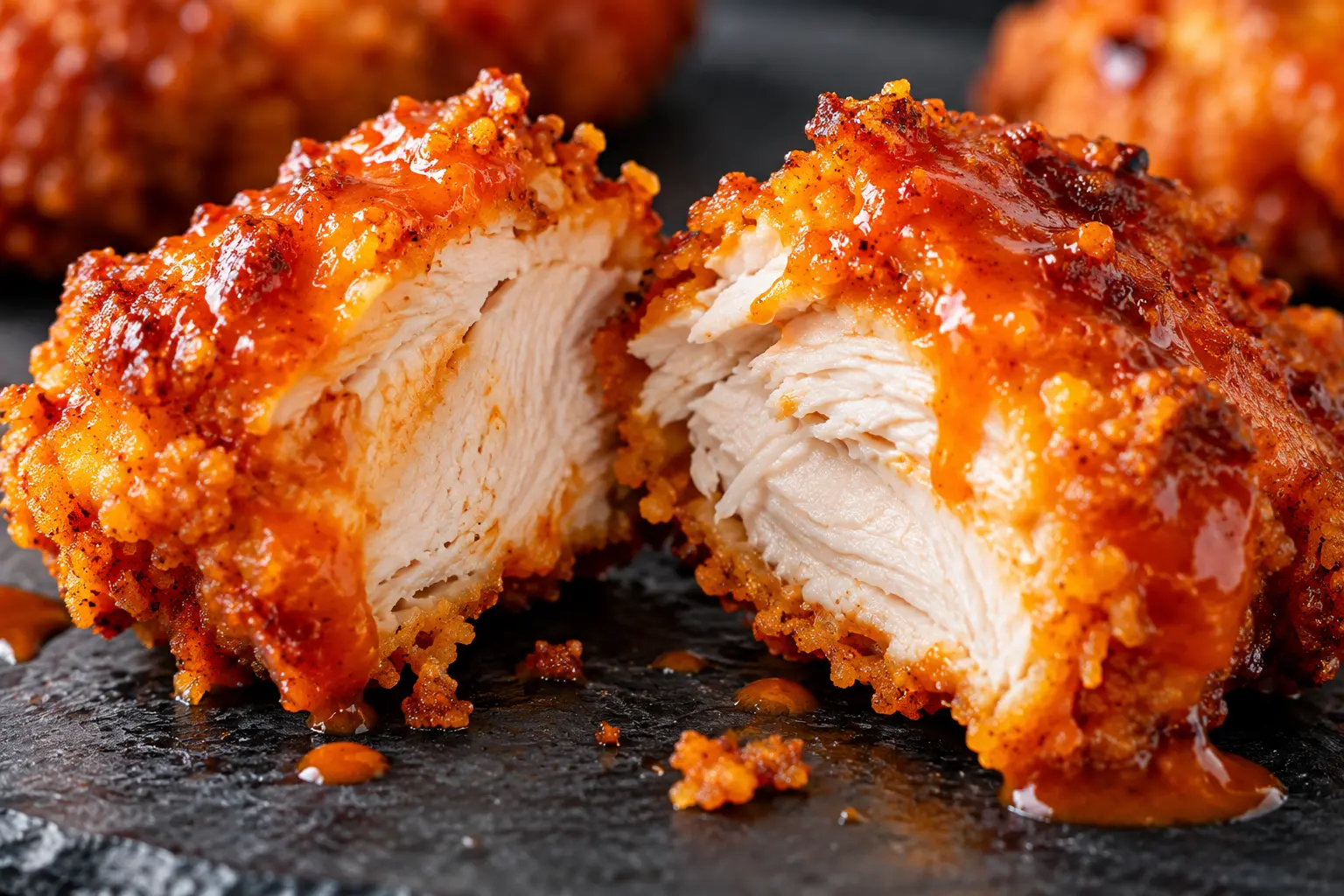 Gros plan sur un morceau de poulet buffalo croustillant montrant la panure dorée et la sauce orange
