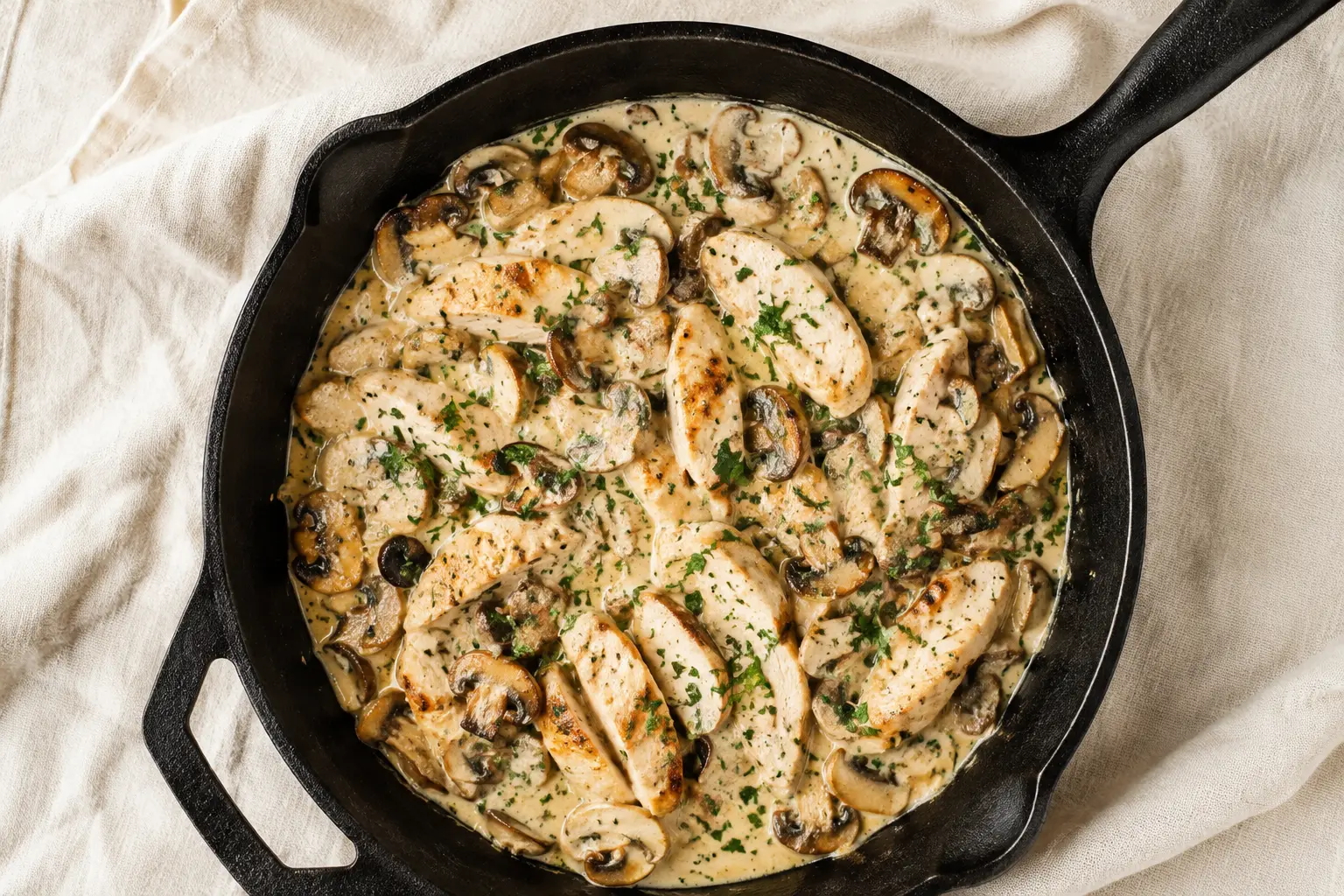Poulet crème de champignons light vu de dessus dans une poêle en fonte