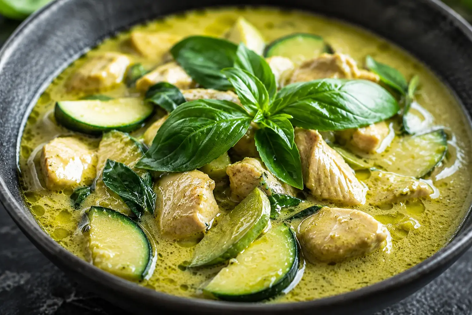Gros plan sur un curry vert thaï brillant avec morceaux de poulet tendres, légumes colorés et feuilles de basilic thaï éclatantes
