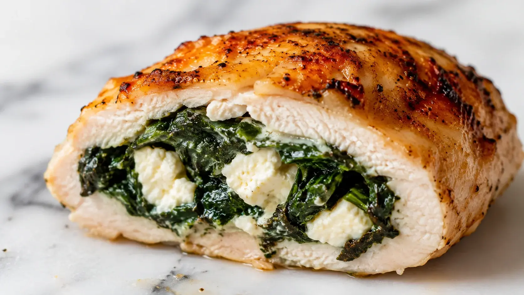 Gros plan sur une tranche de poulet farci montrant la farce verte aux épinards et morceaux de feta crémeuse au centre