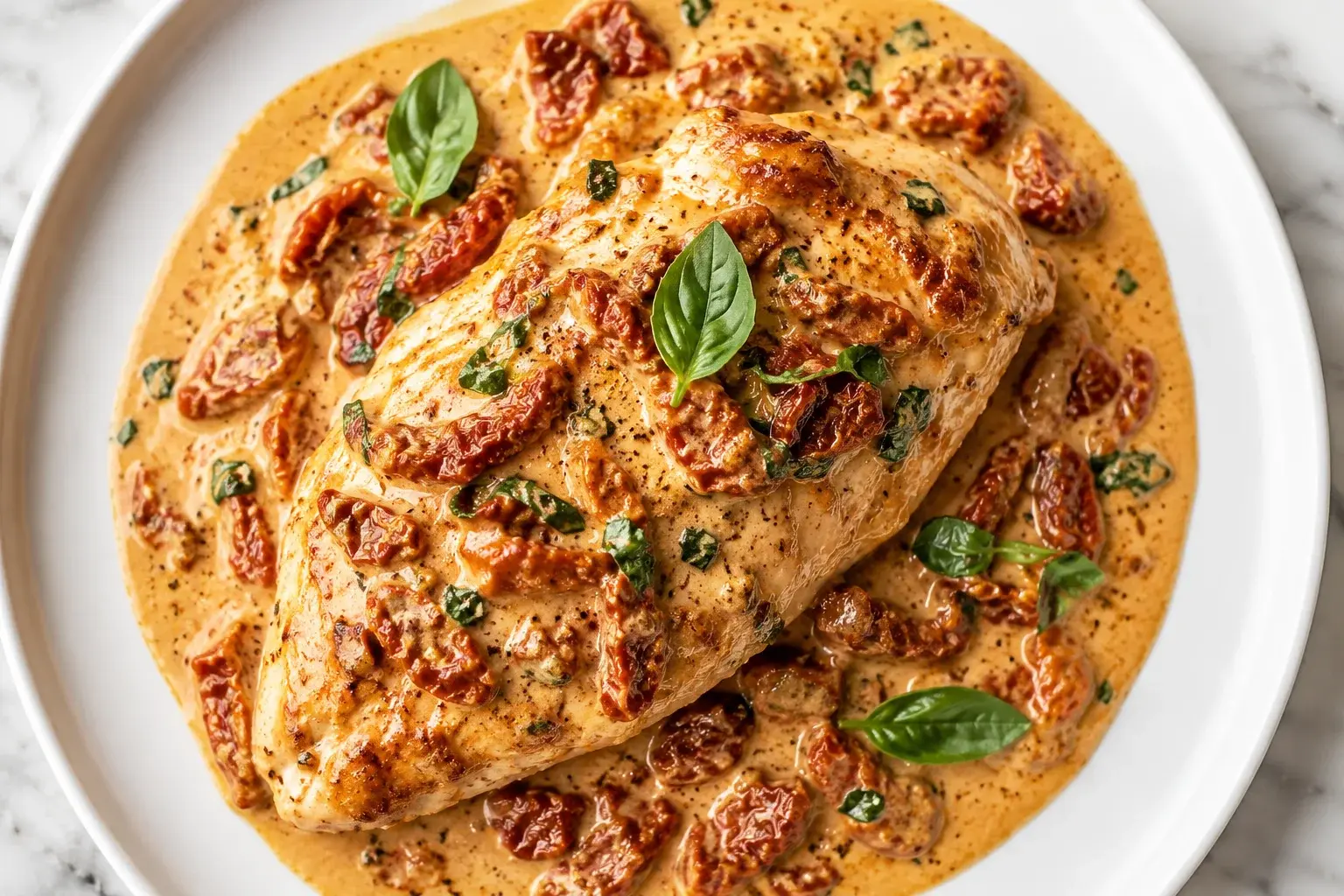 Filet de poulet Marry Me nappé de sauce crémeuse aux tomates séchées vu de dessus