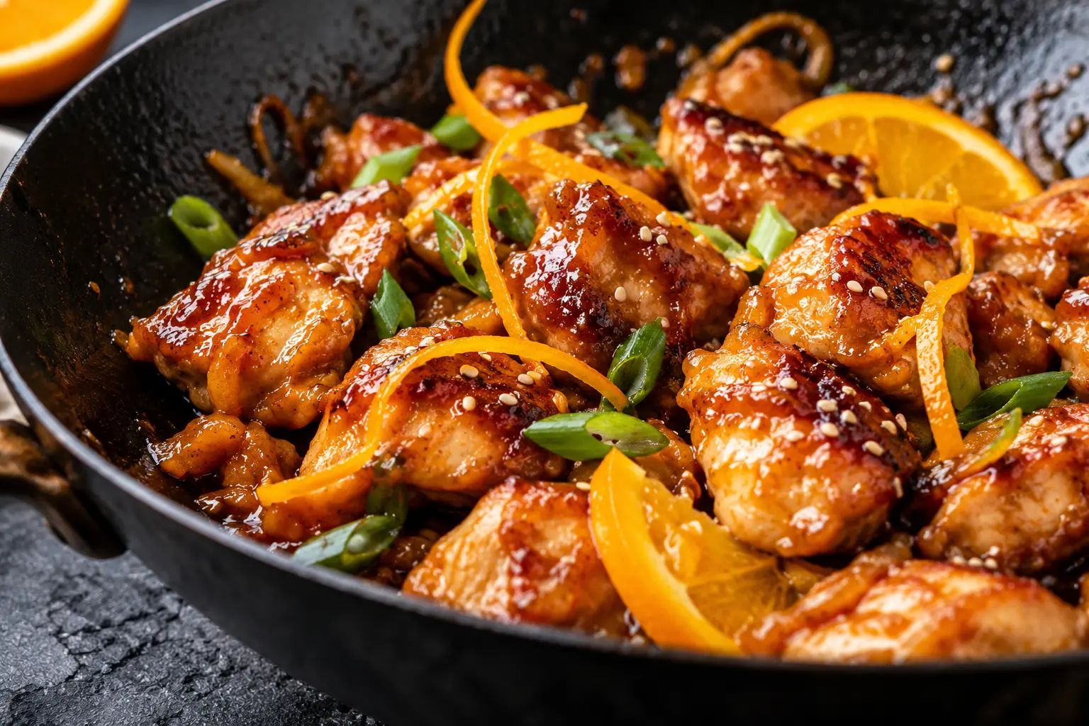 Gros plan sur les morceaux de poulet à l'orange caramélisés et brillants