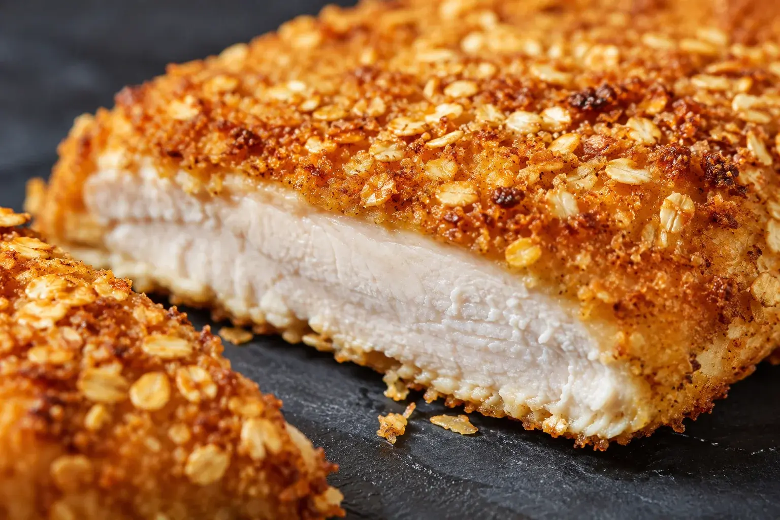 Gros plan sur la croûte dorée et texturée d'un poulet pané aux flocons d'avoine montrant l'intérieur juteux à la coupe