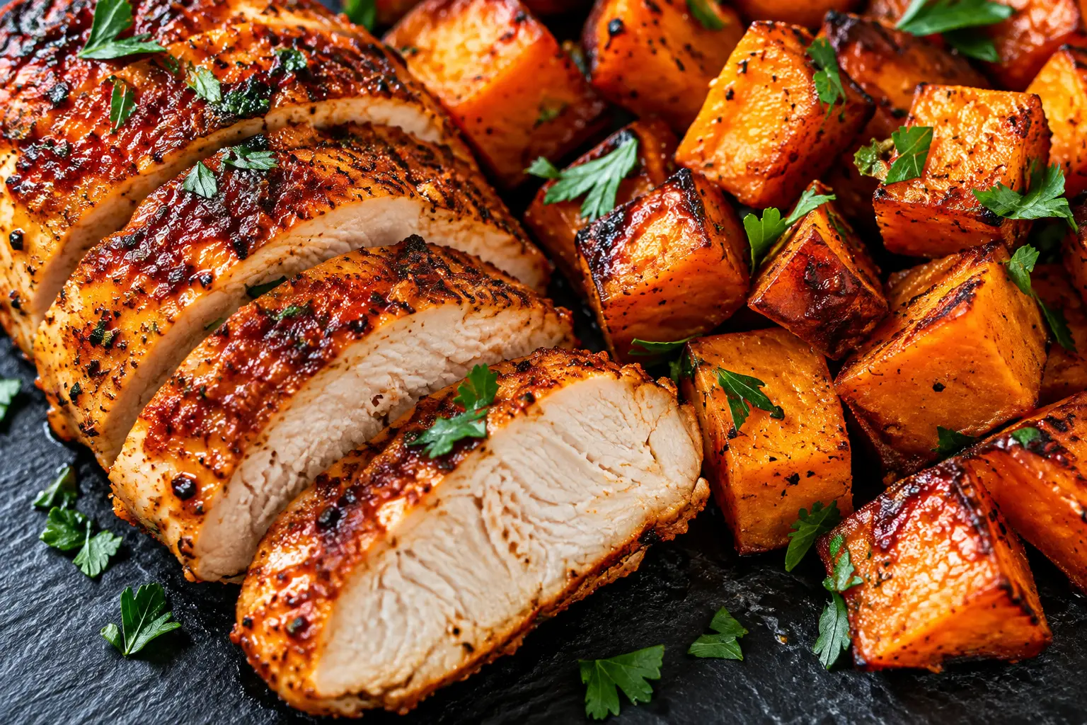 Gros plan sur une tranche de poulet au paprika fumé avec patates douces caramélisées