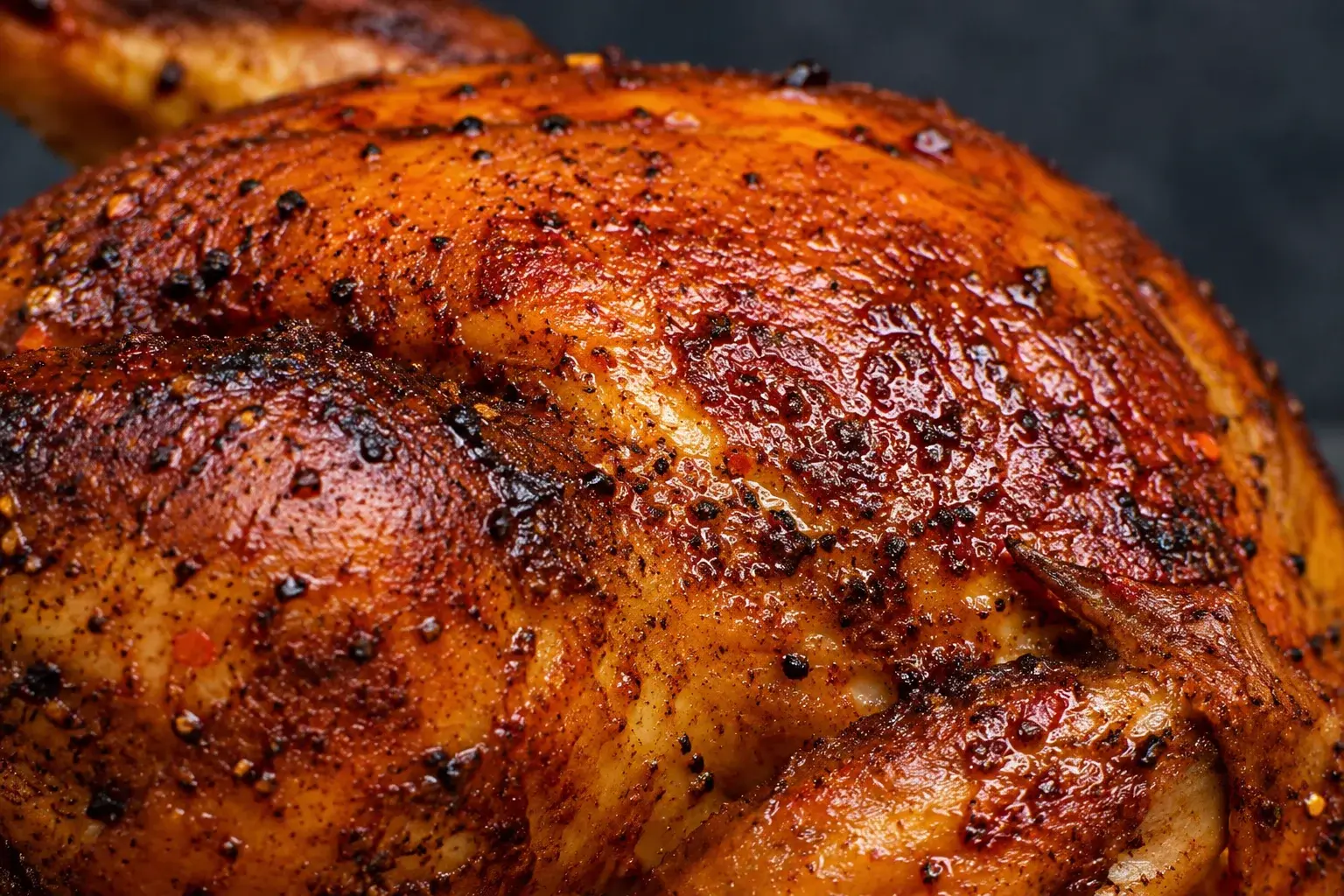 Gros plan sur la peau croustillante d'un poulet rôti aux épices cajun, croûte rouge-brun marbrée avec brillance et grains de poivre visibles