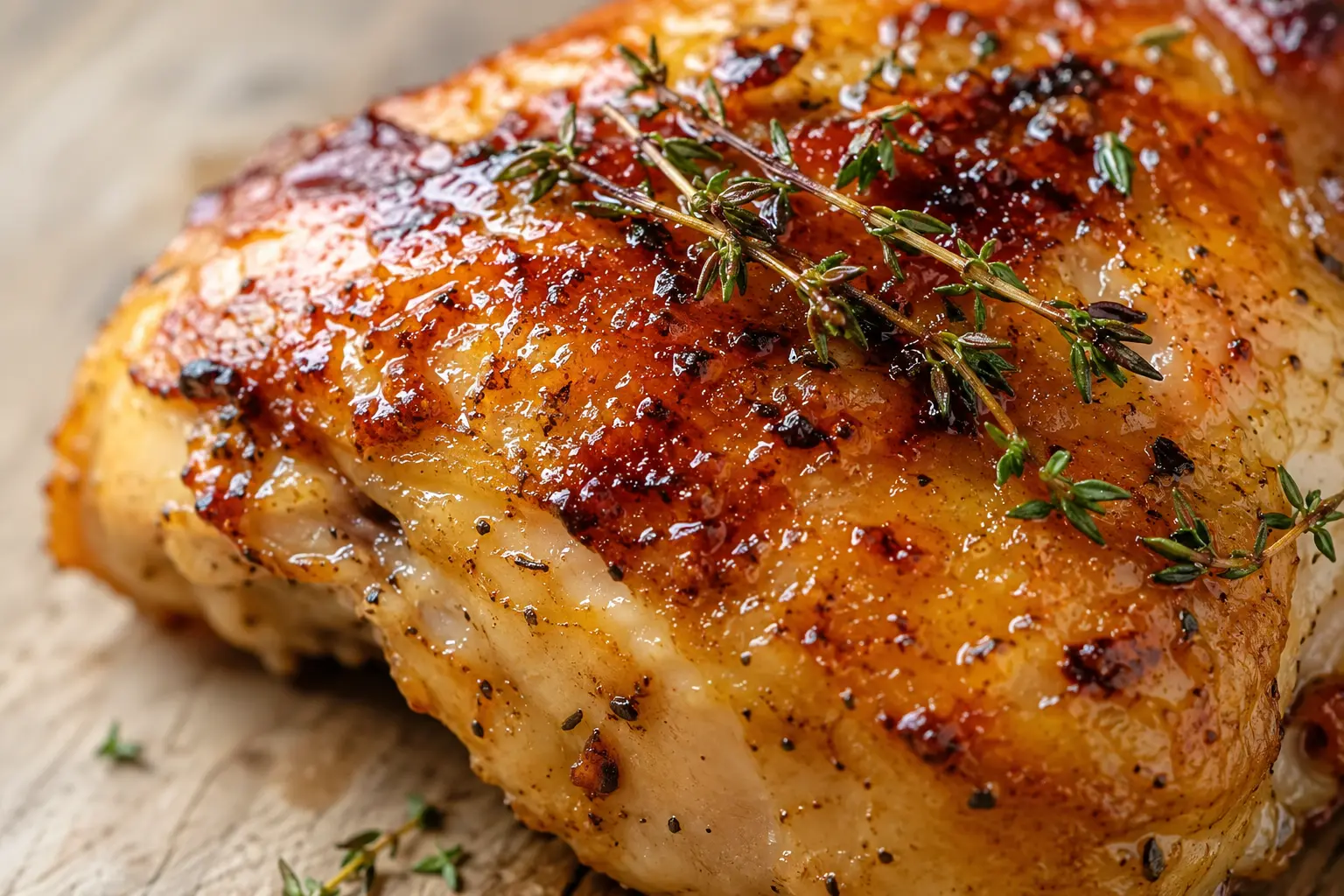 Gros plan sur la peau croustillante et laquée du poulet rôti au miel et thym