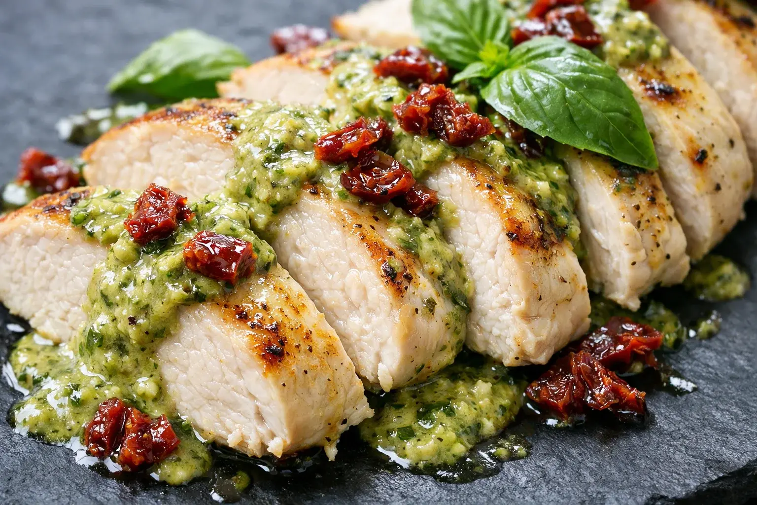 Gros plan sur un blanc de poulet nappé de sauce pesto verte crémeuse avec tomates séchées et parmesan râpé en surface