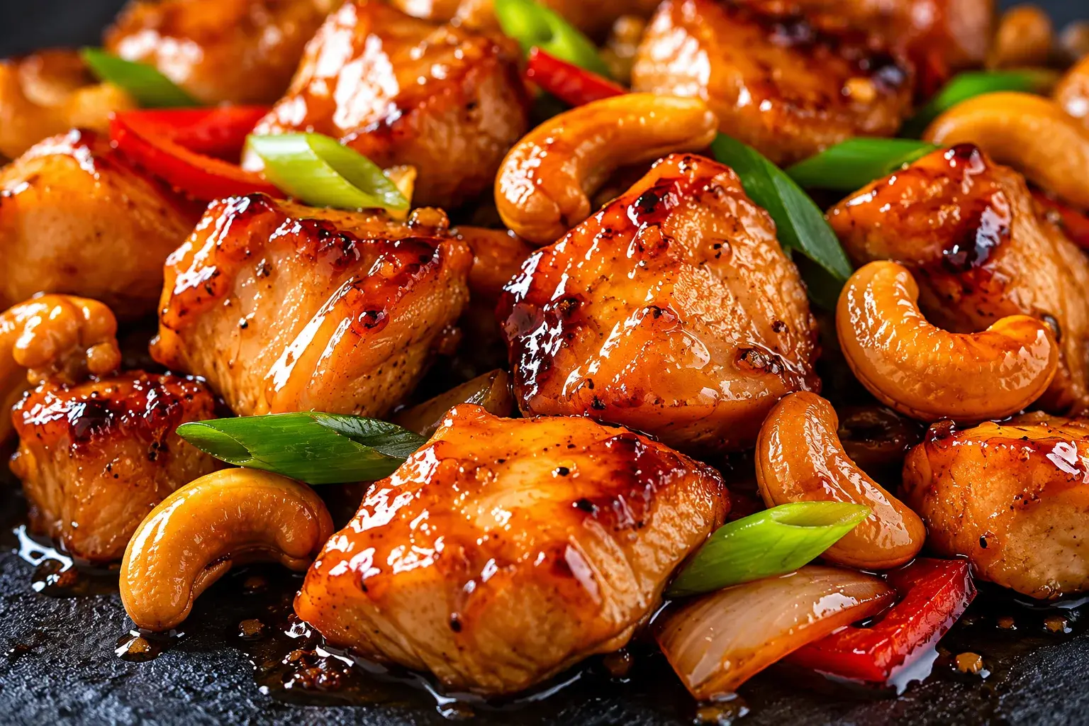 Gros plan sur le poulet sauté aux noix de cajou avec sauce brillante et légumes colorés
