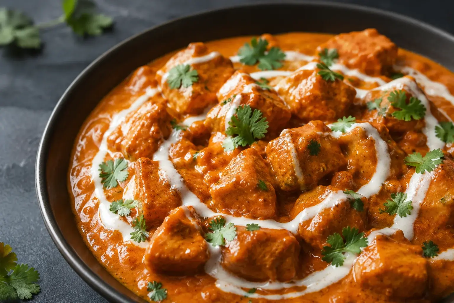 Gros plan sur des cubes de poulet enrobés de sauce tikka masala crémeuse avec filet de yaourt grec blanc et zestes de citron vert