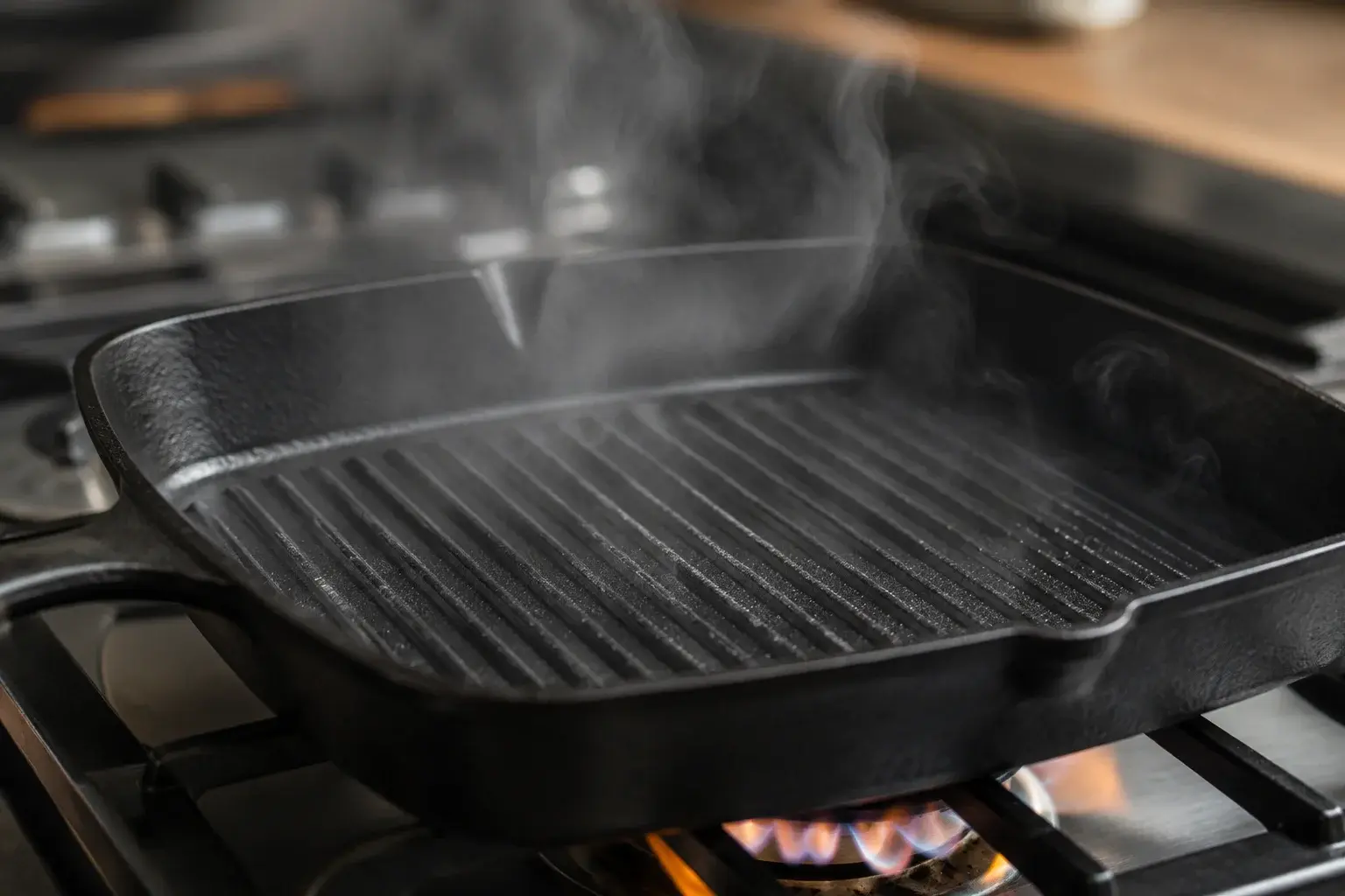 Poêle-gril fumante chauffant à feu vif sur une cuisinière