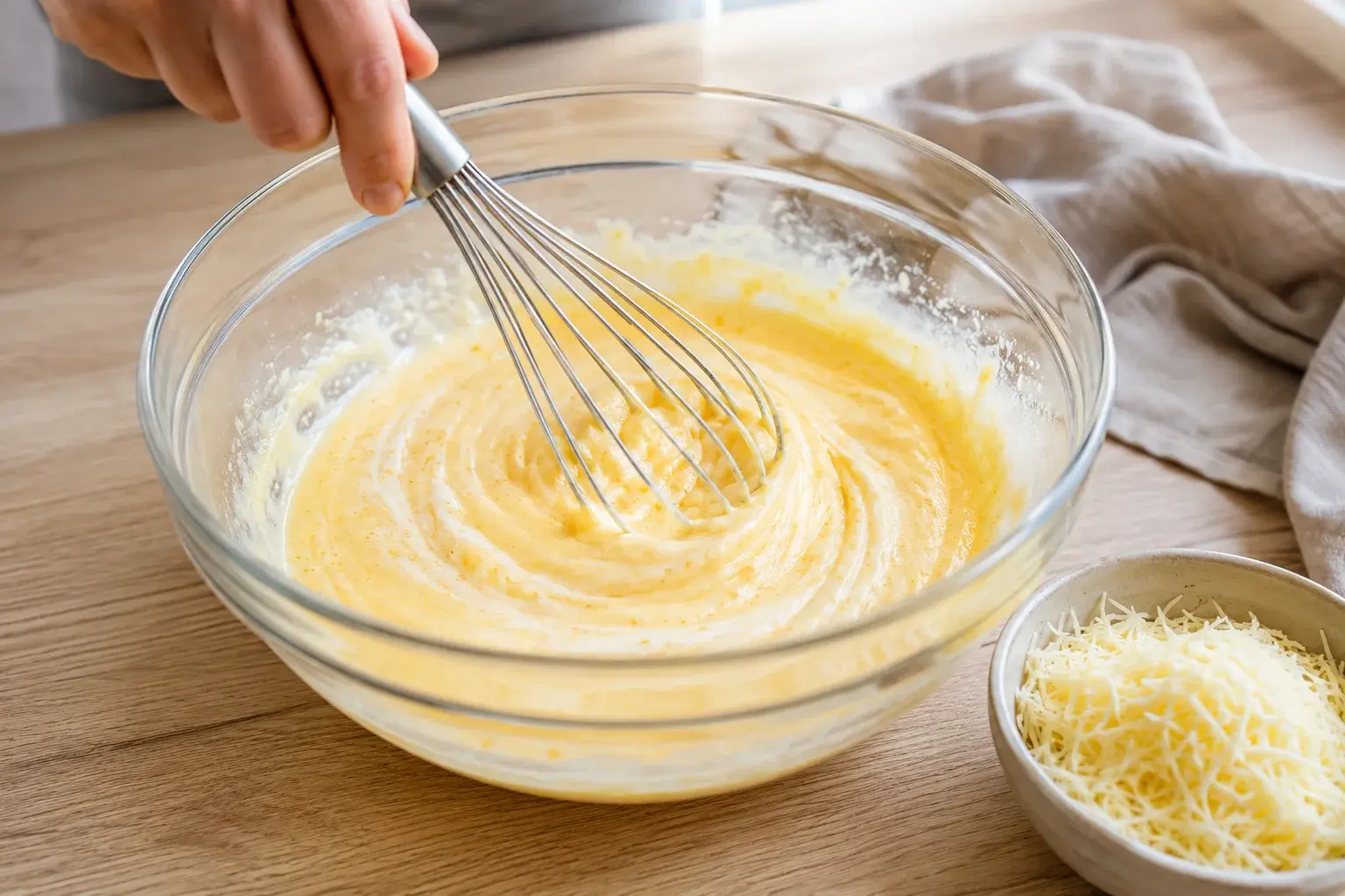 Mélange d'œufs et de fromage blanc fouetté dans un saladier