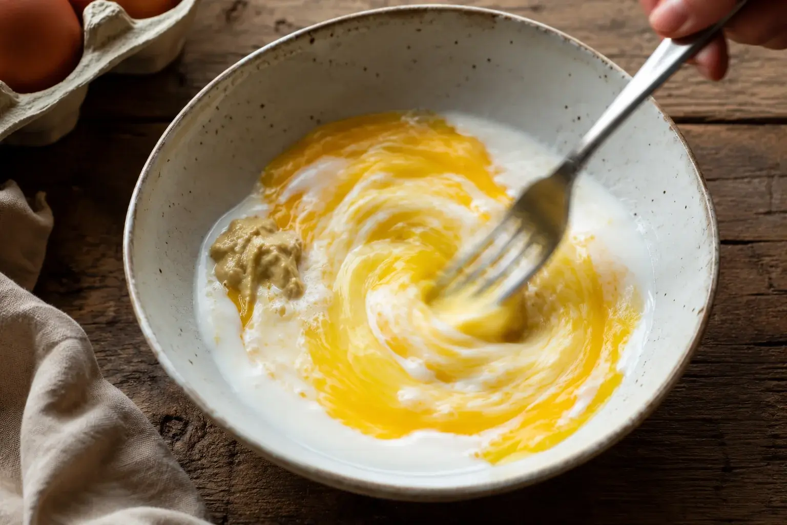 Fourchette qui bat un œuf jaune avec du lait blanc et une cuillère de moutarde dans une assiette creuse