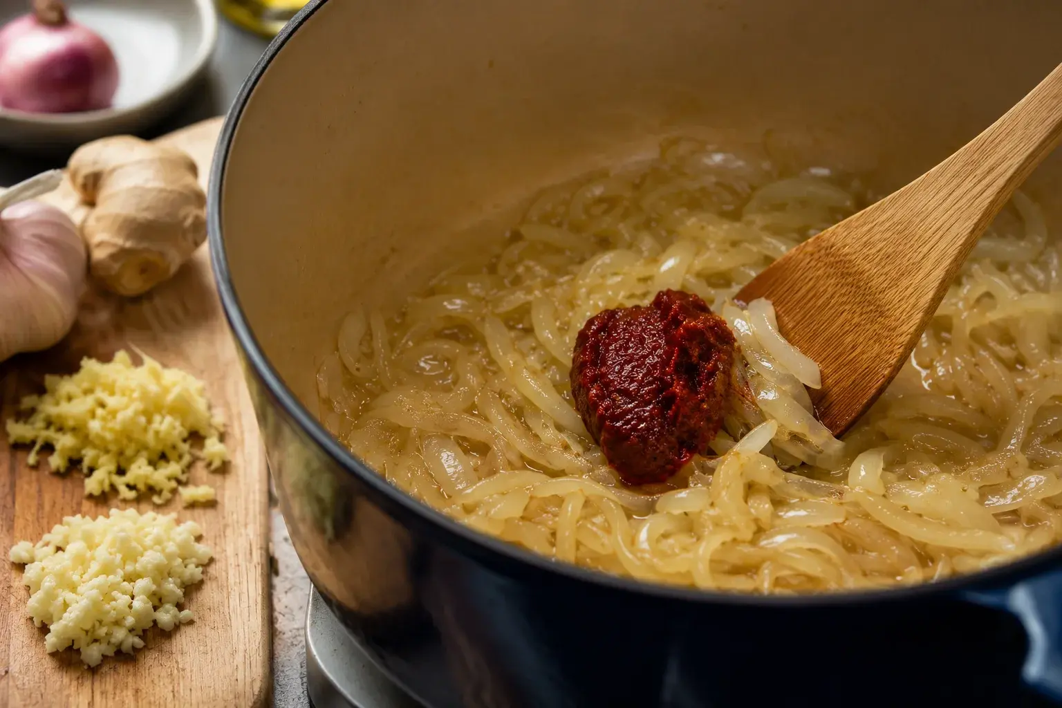 Oignons émincés en train de fondre dans une cocotte avec ajout d'une cuillère de pâte de curry rouge brillante, spatule en bois