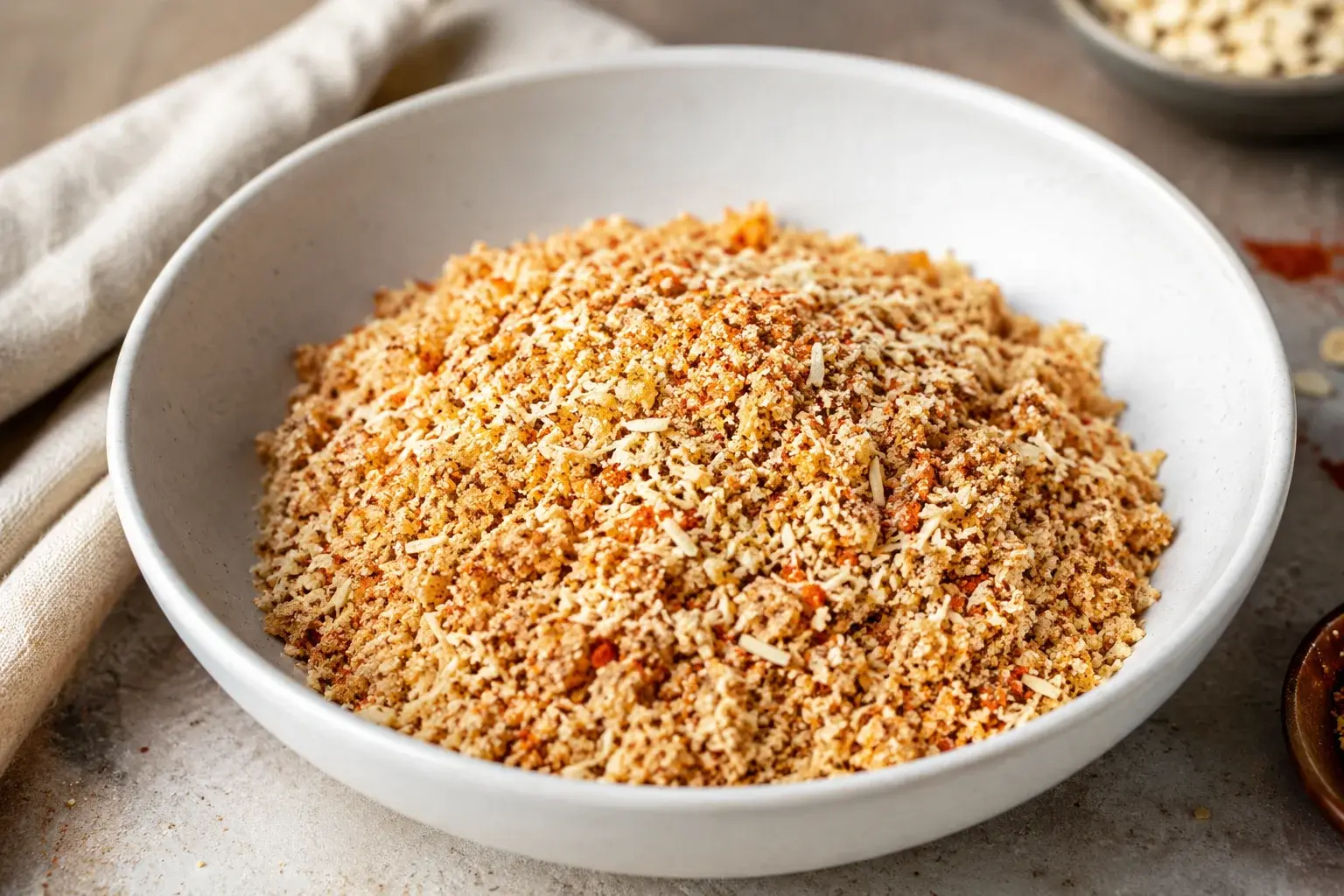 Chapelure dorée de flocons d'avoine mixés avec parmesan râpé et épices rouges dans une assiette creuse en céramique