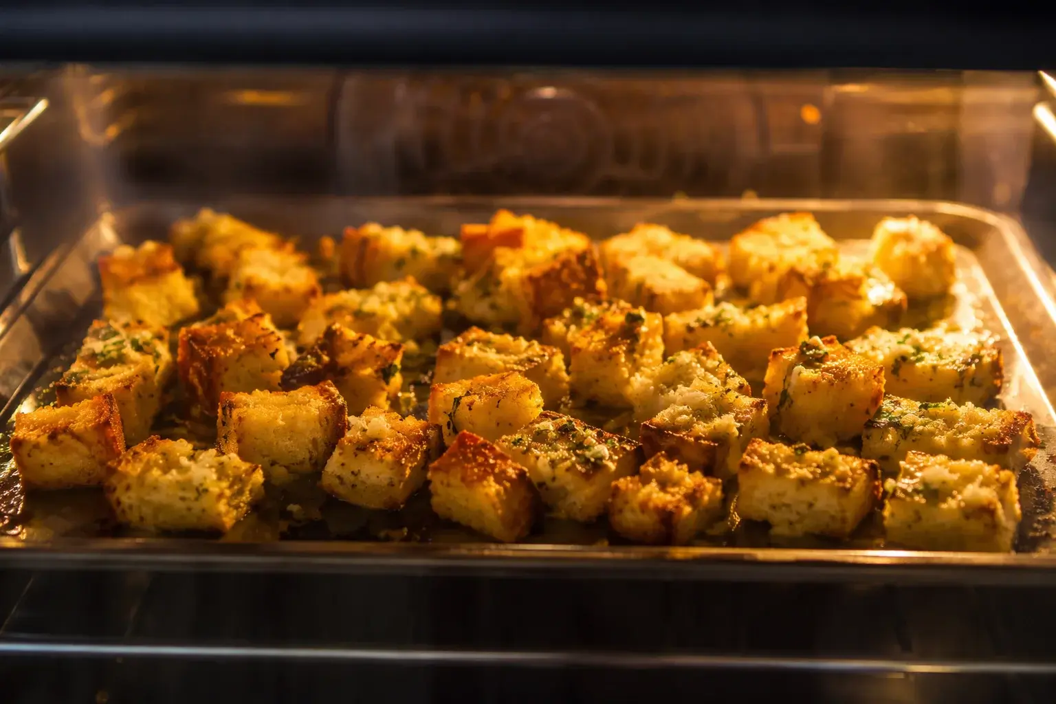Cubes de pain dorés à l'ail en train de croustiller sur une plaque de cuisson au four avec brins de thym éparpillés