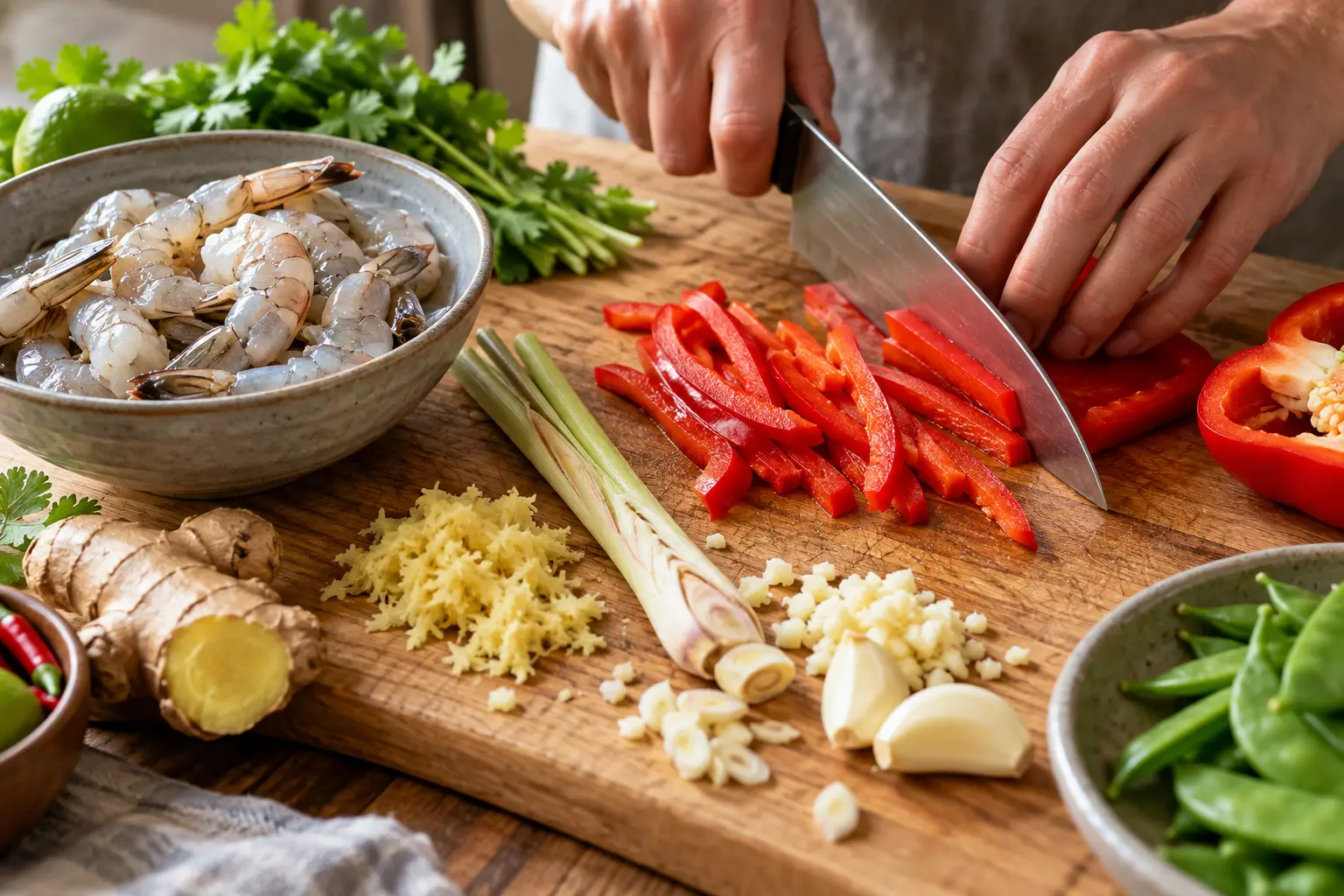 Planche à découper avec crevettes crues, poivron rouge en lanières, gingembre râpé et citronnelle écrasée
