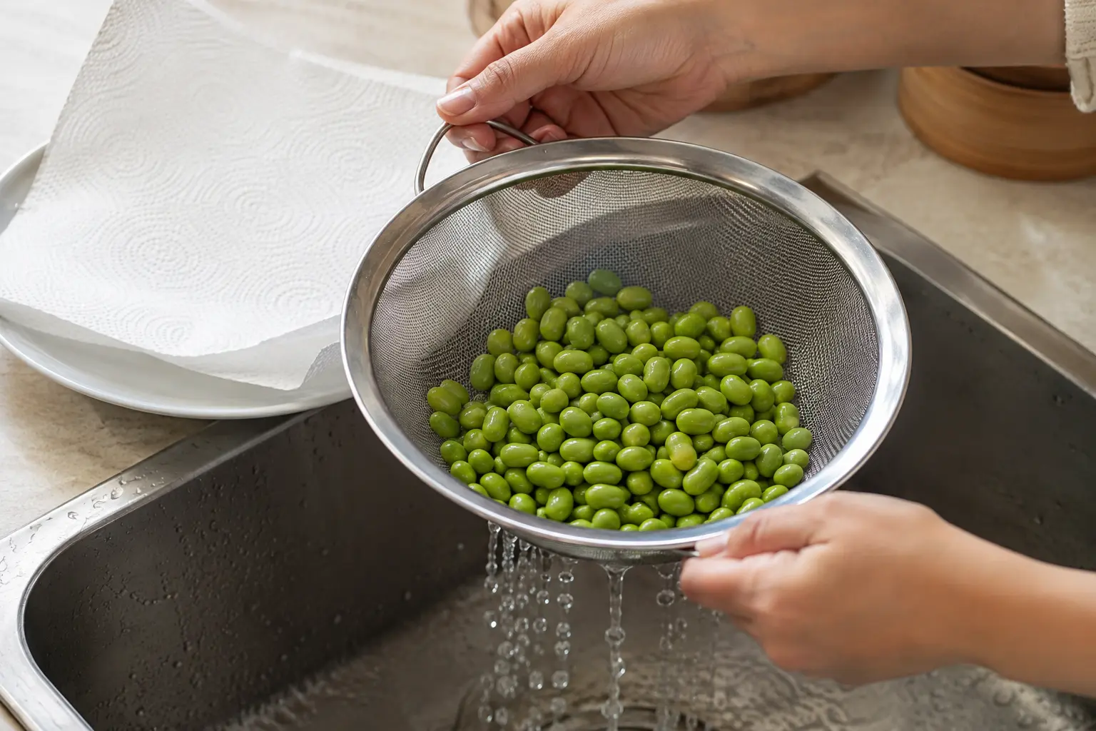 Edamame décortiqués égouttés dans une passoire, séchés avec du papier absorbant