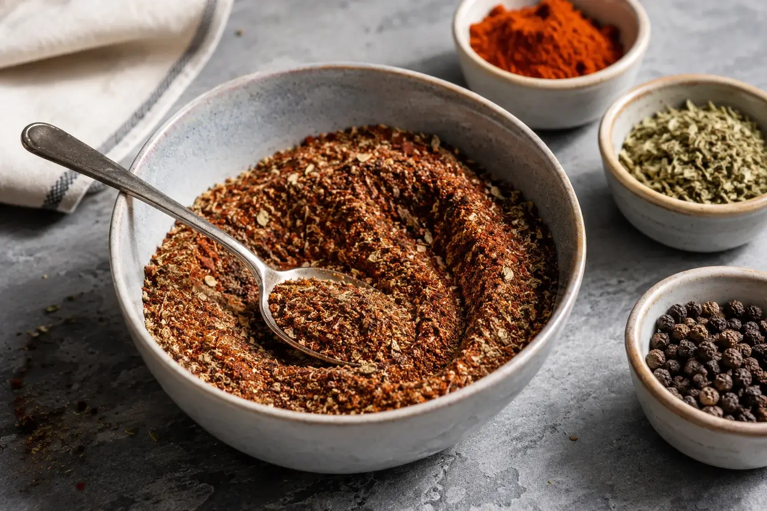 Petit bol en céramique rempli d'un mélange d'épices rouge-brun avec paprika, herbes séchées et grains de poivre, à côté de petits ramequins d'épices individuelles
