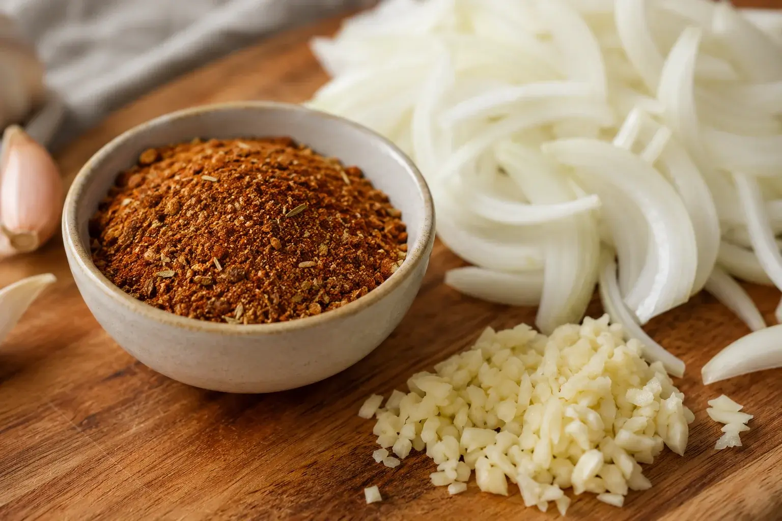 Petit bol rempli d'un mélange d'épices rouges et brunes (cumin, paprika fumé, origan) à côté d'un oignon émincé sur une planche en bois