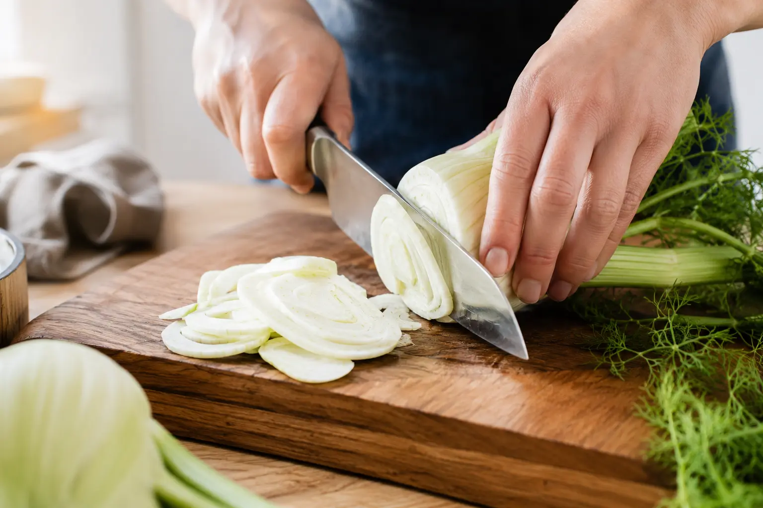 Mains émincant un bulbe de fenouil frais sur une planche à découper en bois