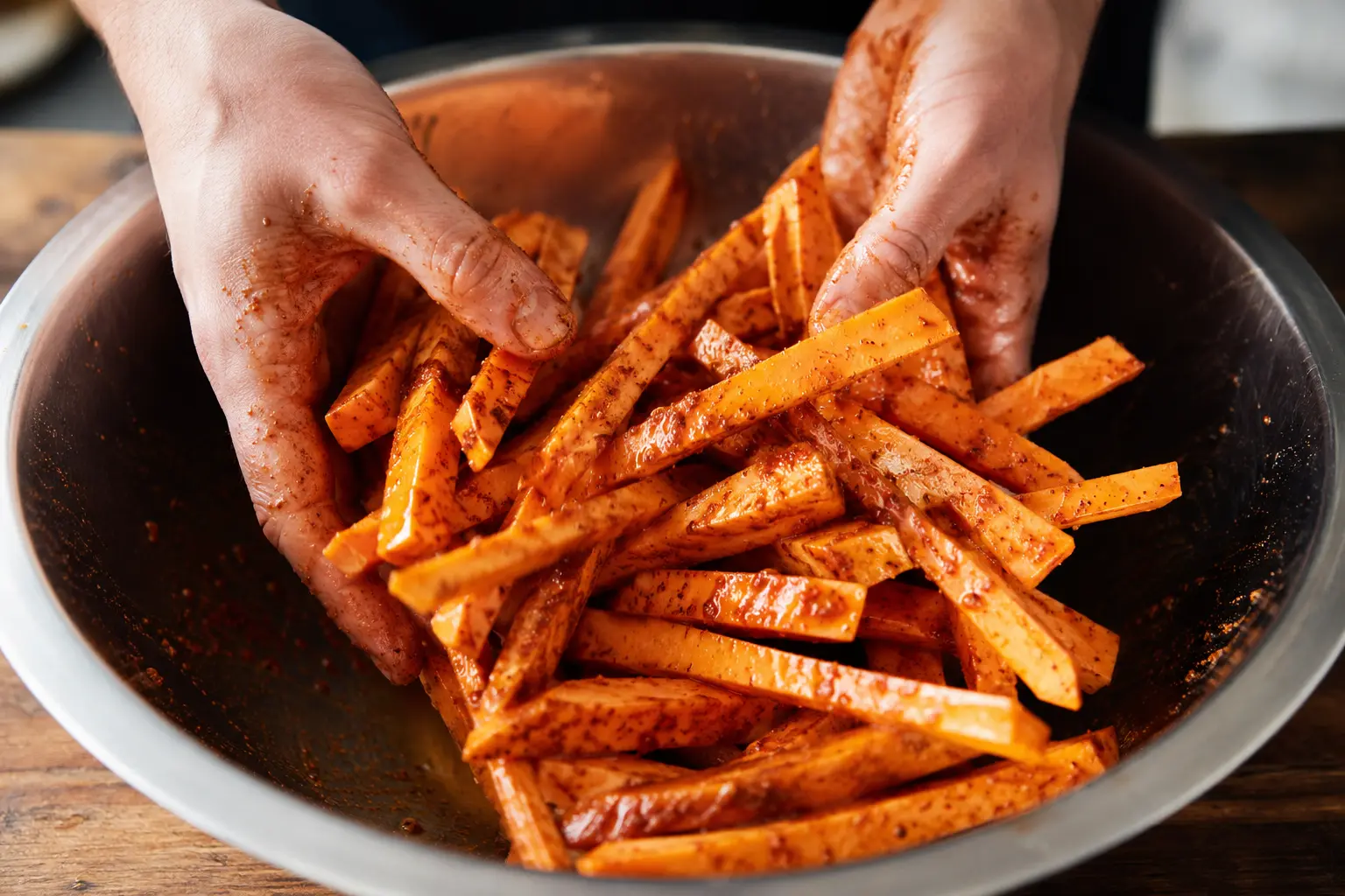 Bâtonnets de patate douce assaisonnés dans un saladier avec des épices