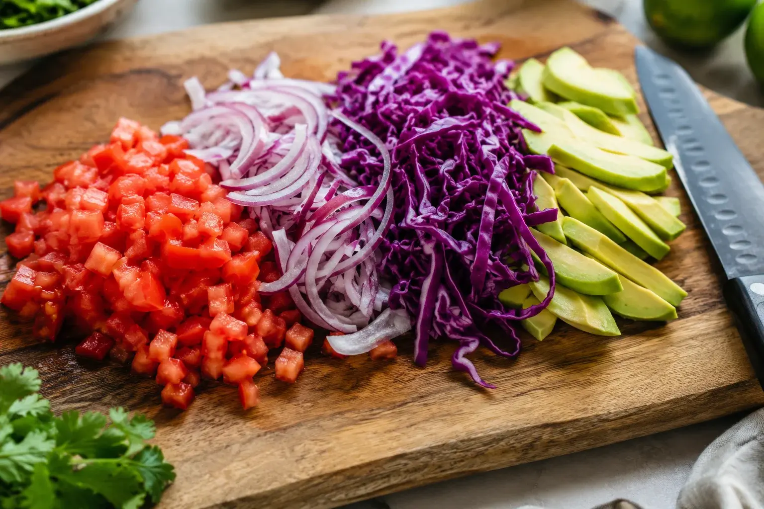 Planche en bois avec petits dés de tomates rouges, oignon rouge émincé, lanières de chou rouge violet et lamelles d'avocat vert
