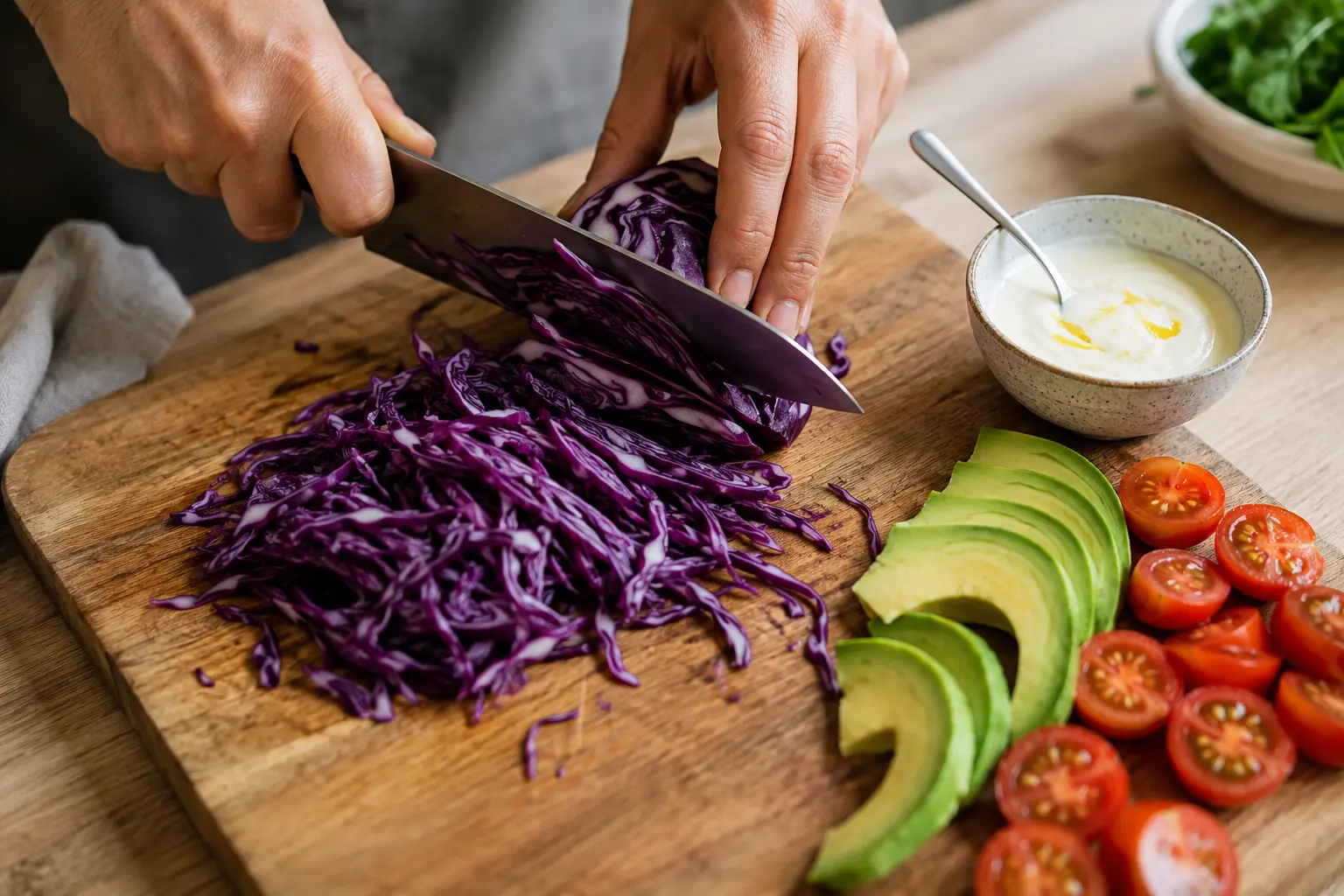 Préparation de la garniture avec chou rouge émincé, avocat tranché et sauce citronnée dans un petit bol